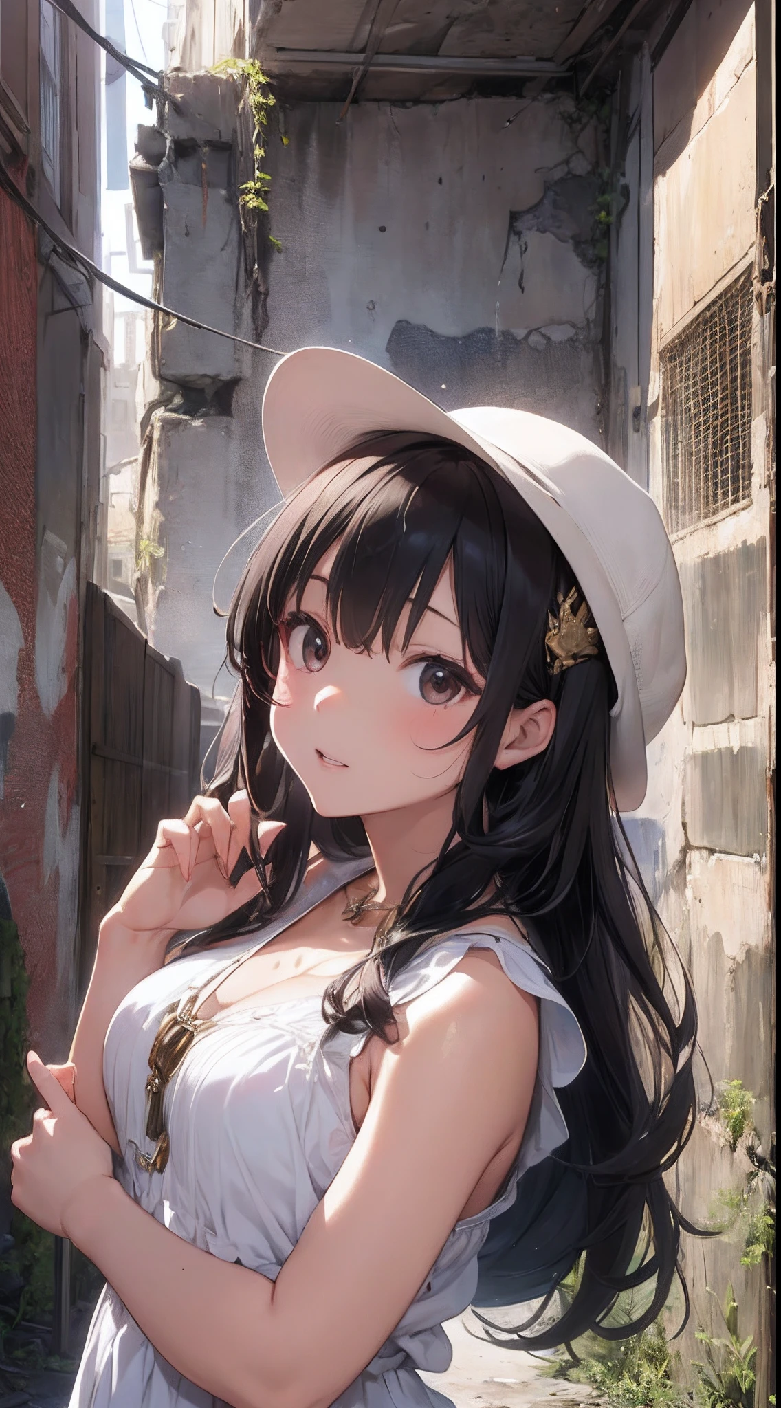 It depicts a young girl exploring traditional ruins in the Middle East。She is cute and has outstanding beauty.、It has a dainty and clear expression。She wears a white dress and brown vest.、I wear a pendant around my neck。Her hairstyle is long straight hair.、I'm wearing a hat。She is in a ruin.、Artwork such as murals and sculptures in the corner々It is meticulously drawn up to。The ruins are from ancient Egypt、Deities々and royalty can be seen。She feels like she's watching closely with the camera from below.、Surprise and excitement are conveyed。