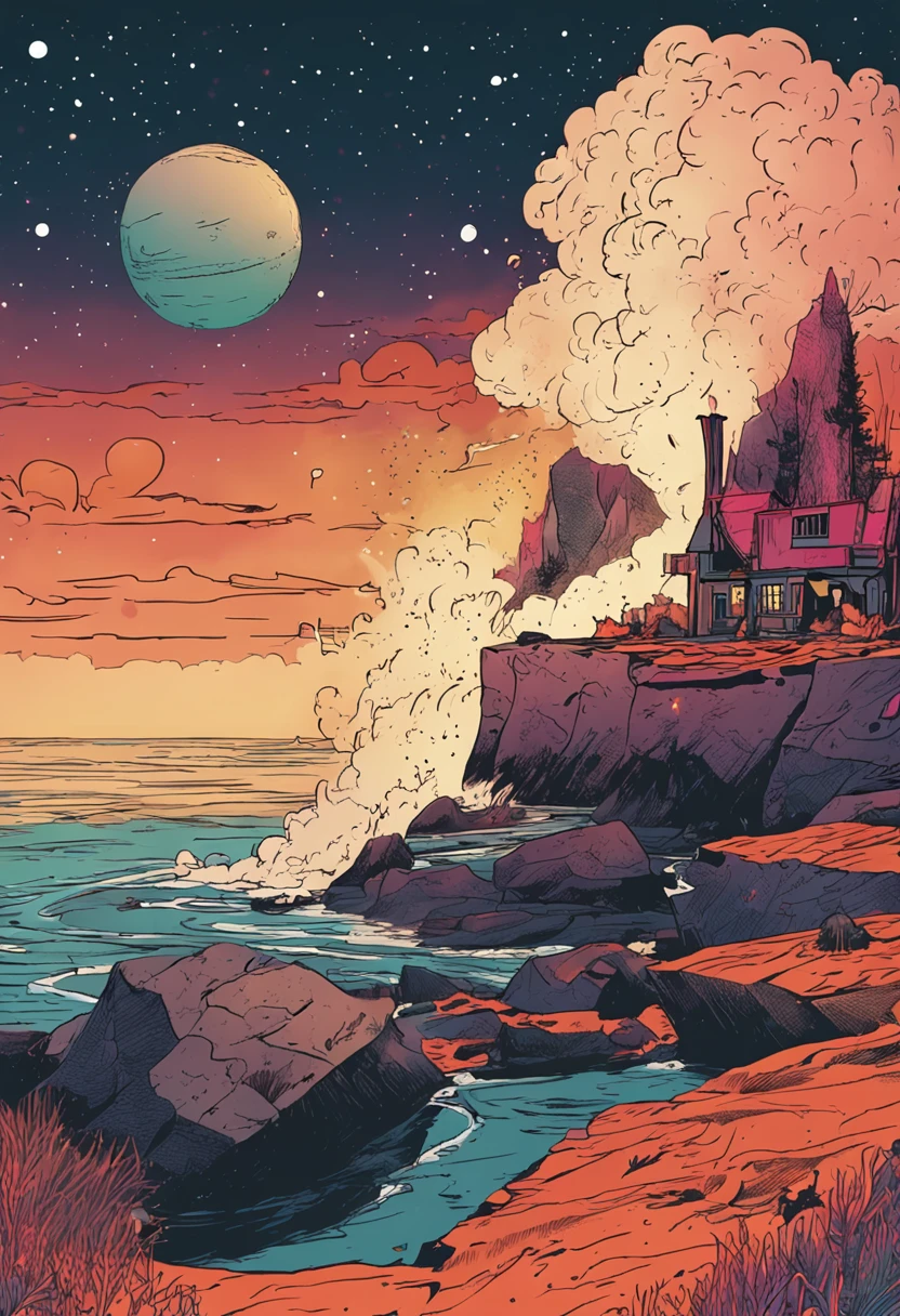 night,On a cliff,A house made of stone,Burning bonfire,Mars floats into the clear starry sky