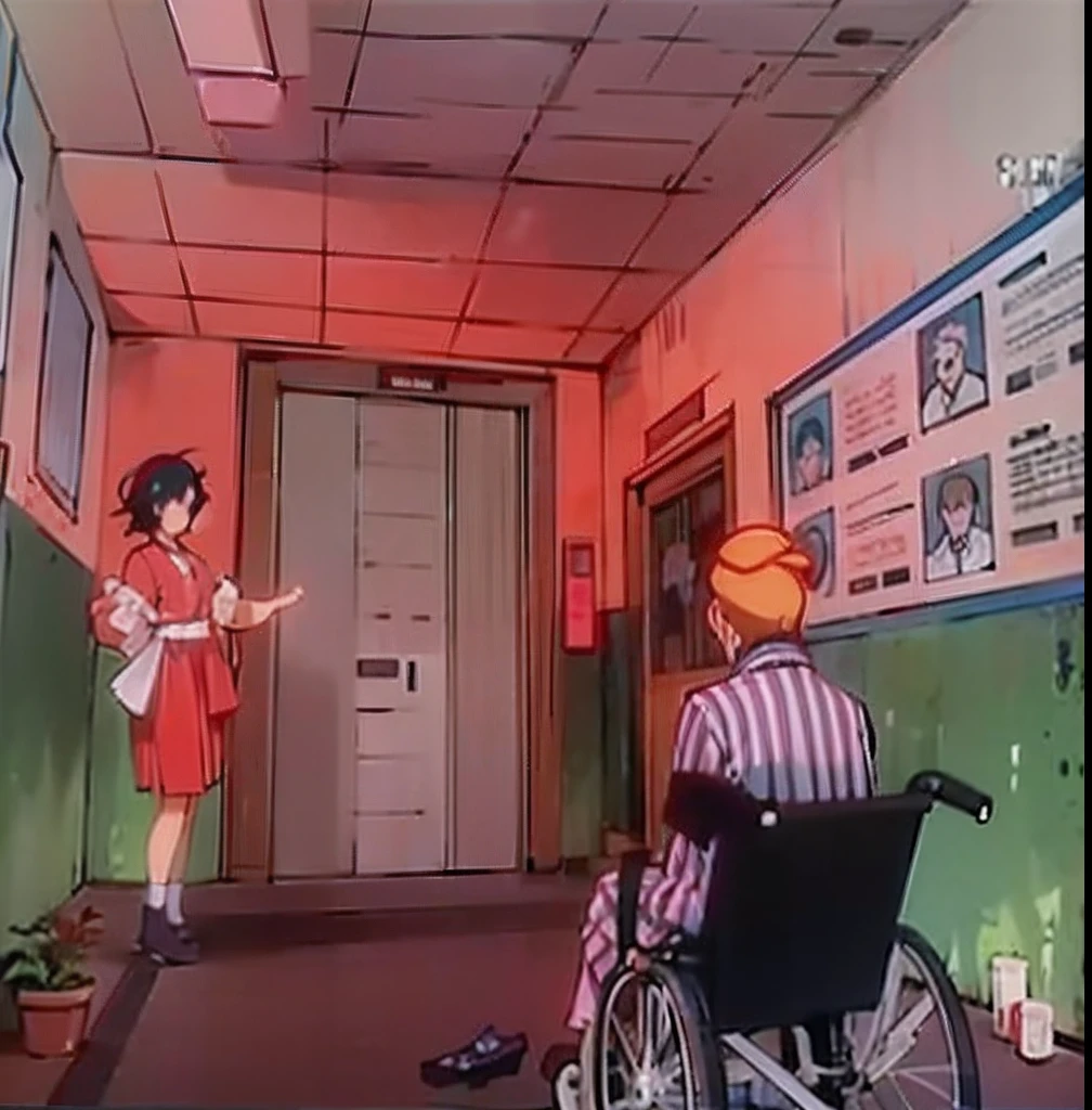 Caricature of a man in a wheelchair in a hospital room, style of madhouse studio anime, screenshot from guro anime, style of satoshi kon, in the art style of 8 0 s anime, style of madhouse anime, va-11 hall-a, screenshot from the anime film, still from tv anime, anime scene, satoshi kon anime