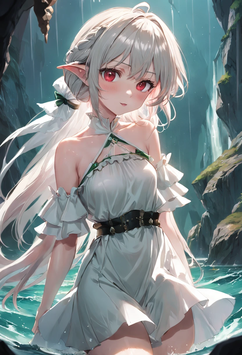 ahoge, (Masterpiece), Superior quality, high resolution, Extremely detailed, Detailed background, Detailed background, Detailed background, Detailed background,Cinematic lighting, exterior, 1girll, elf woman, Medium hair, Silver hair, showing forehead, Light red eyes, Small breasts, White shirt, Green dress, Drowning hair, Medium hair, Alda, Ruffles, Brown cape, Lace trim, Ruffled sleeves, Ruffled skirt, thigh-length, Booties, The face of love, shaded face, woman's face, A flirtatious smile, hand on own cheek, White panties,