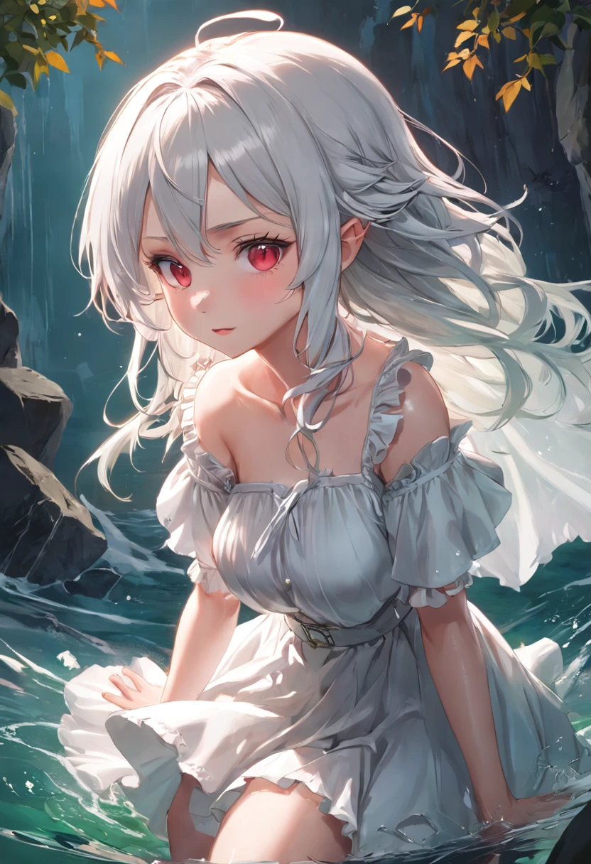 ahoge, (Masterpiece), Superior quality, high resolution, Extremely detailed, Detailed background, Detailed background, Detailed background, Detailed background,Cinematic lighting, exterior, 1girll, elf woman, Medium hair, Silver hair, showing forehead, Light red eyes, Small breasts, White shirt, Green dress, Drowning hair, Medium hair, Alda, Ruffles, Brown cape, Lace trim, Ruffled sleeves, Ruffled skirt, thigh-length, Booties, The face of love, shaded face, woman's face, A flirtatious smile, hand on own cheek, White panties,