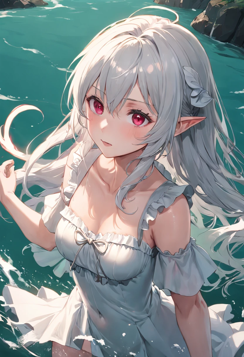 ahoge, (Masterpiece), Superior quality, high resolution, Extremely detailed, Detailed background, Detailed background, Detailed background, Detailed background,Cinematic lighting, exterior, 1girll, elf woman, Medium hair, Silver hair, showing forehead, Light red eyes, Small breasts, White shirt, Green dress, Drowning hair, Medium hair, Alda, Ruffles, Brown cape, Lace trim, Ruffled sleeves, Ruffled skirt, thigh-length, Booties, The face of love, shaded face, woman's face, A flirtatious smile, hand on own cheek, White panties,