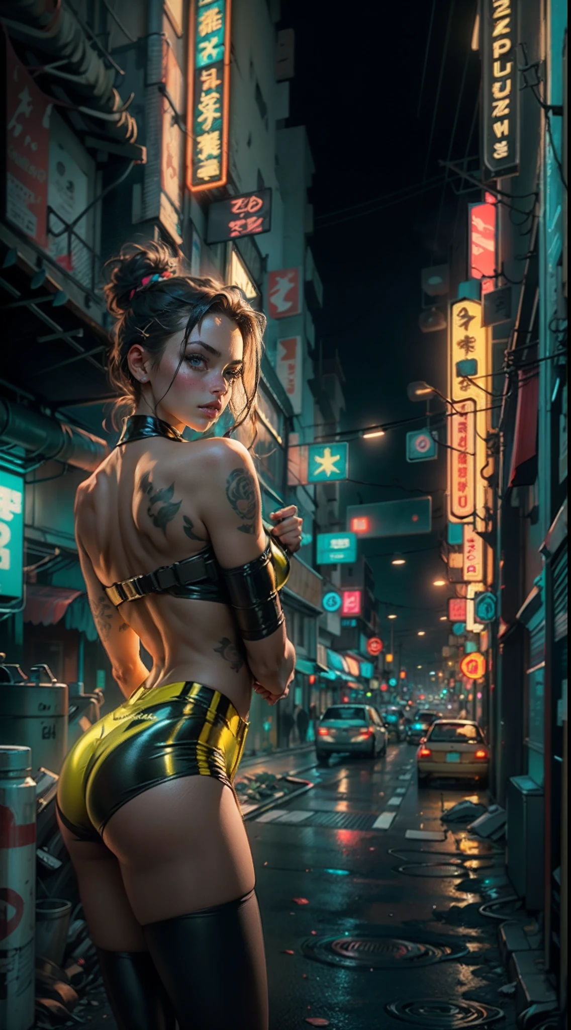 Retrato motor irreal:1.4,CG ultra realista 64K, fotorrealista:1.4, textura da pele:1.4, obra prima:1.4,Beautiful woman posing from behind in yellow latex lingerie posing in an apocalyptic city of fire,knee tights,((fundo a noite neon Cyberpunk)), beautiful thin hands,(foto 8k)), HDR ,super realista,....RAW, DETALHES HIPER-REALISTA, (estilo de filme)cores vivas