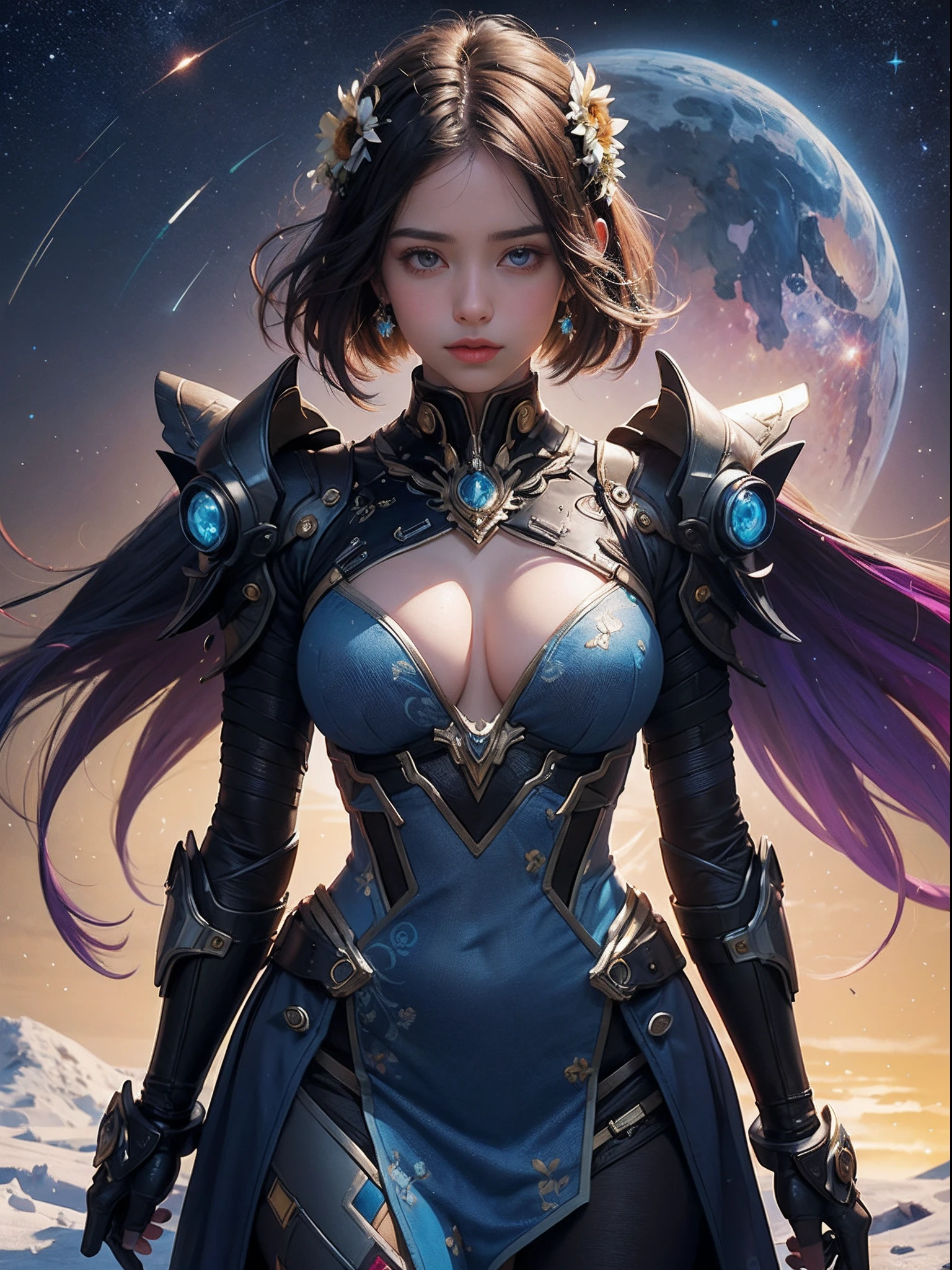 Unbeatable masterpiece, Ultra photo realsisim, Perfect artwork, Intricate details, Best quality, Strong light,High contrast,The girl in the mech wears magic armor full of Van Gogh style. The design of this armor is inspired by the unique and colorful brushstrokes and use of color in Van Gogh's paintings. The entire mech shell is covered in colorful colors, Patchwork floral textures, It seems that the beauty of life blooms in the extreme ice and snow. Each floral pattern shows vibrancy, Poetic and picturesque artistic expression. On the head of the mech, Decorated with huge and ornate night sky nebula motifs. Nebulae are superimposed on each other in rich and mysterious shades of purple and deep blue, It makes people feel like they are in the vast universe. The arms are set with sparkling crystal gemstones, Bright as a star. These crystals emit a soft and fascinating glow, Reflects colorful and fickle effects in sunlight. The entire mech shoulder is decorated with flowing colored ribbons, It was as if the artist's brush was dancing in the air. These ribbons add elegance and vibrancy to girls in soft progressive colors. The chest is inlaid with abstract and tense pictorial motifs, Incorporating elements such as Van Gogh's signature starry night or sunflower. This pattern exudes uniqueness, Emotional and spiritual atmosphere, Intoxicating.
