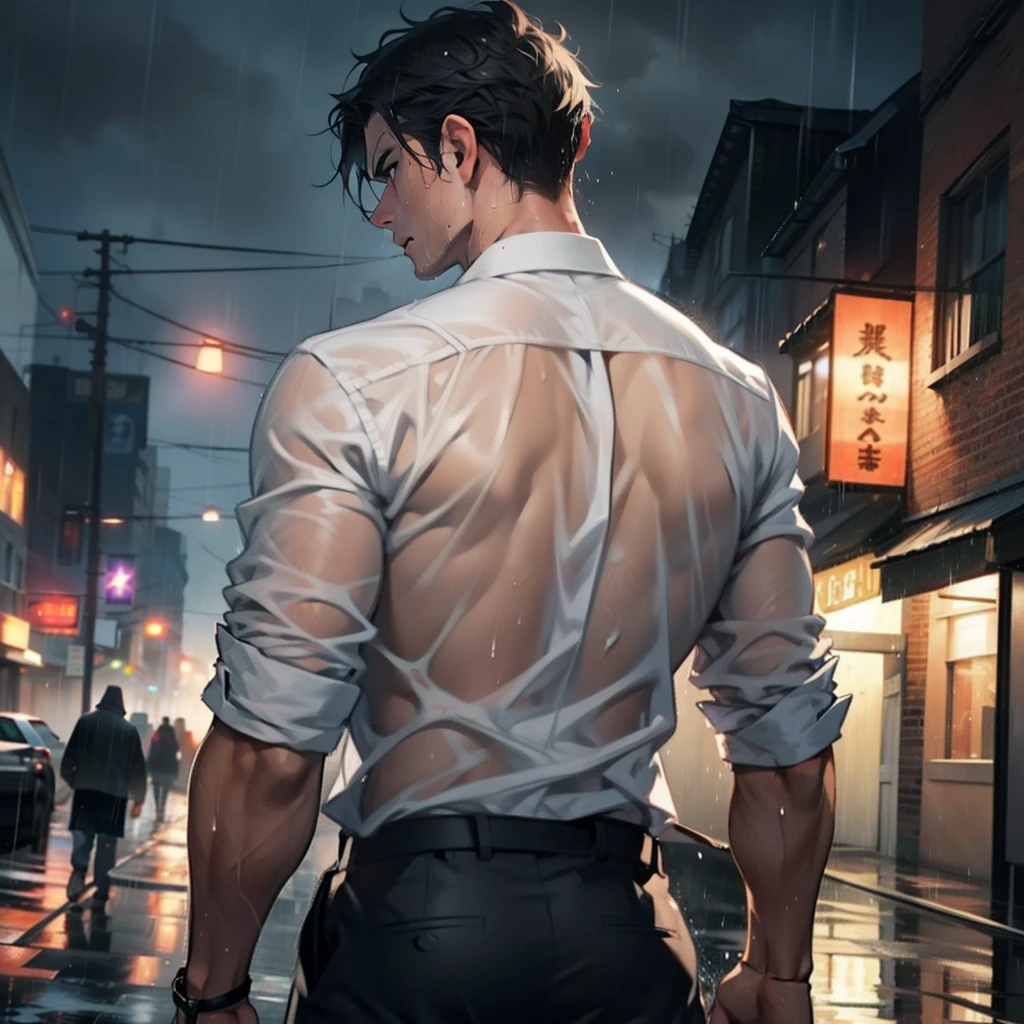 {{{{{masutepiece,Best Quality,ultra-detailliert}}}}},1 Handsome Man,Beautiful wet short hair,Handsome wet face,Cool eyes,frown,Beautiful wet shirt and wet tie,Wet pants,Stand on a brick wall,Very heavy rain,Beautiful downtown background,Sweat,dark sky,Twilight Time,posterior view,from behind,not looking at viewer,Upper body,
