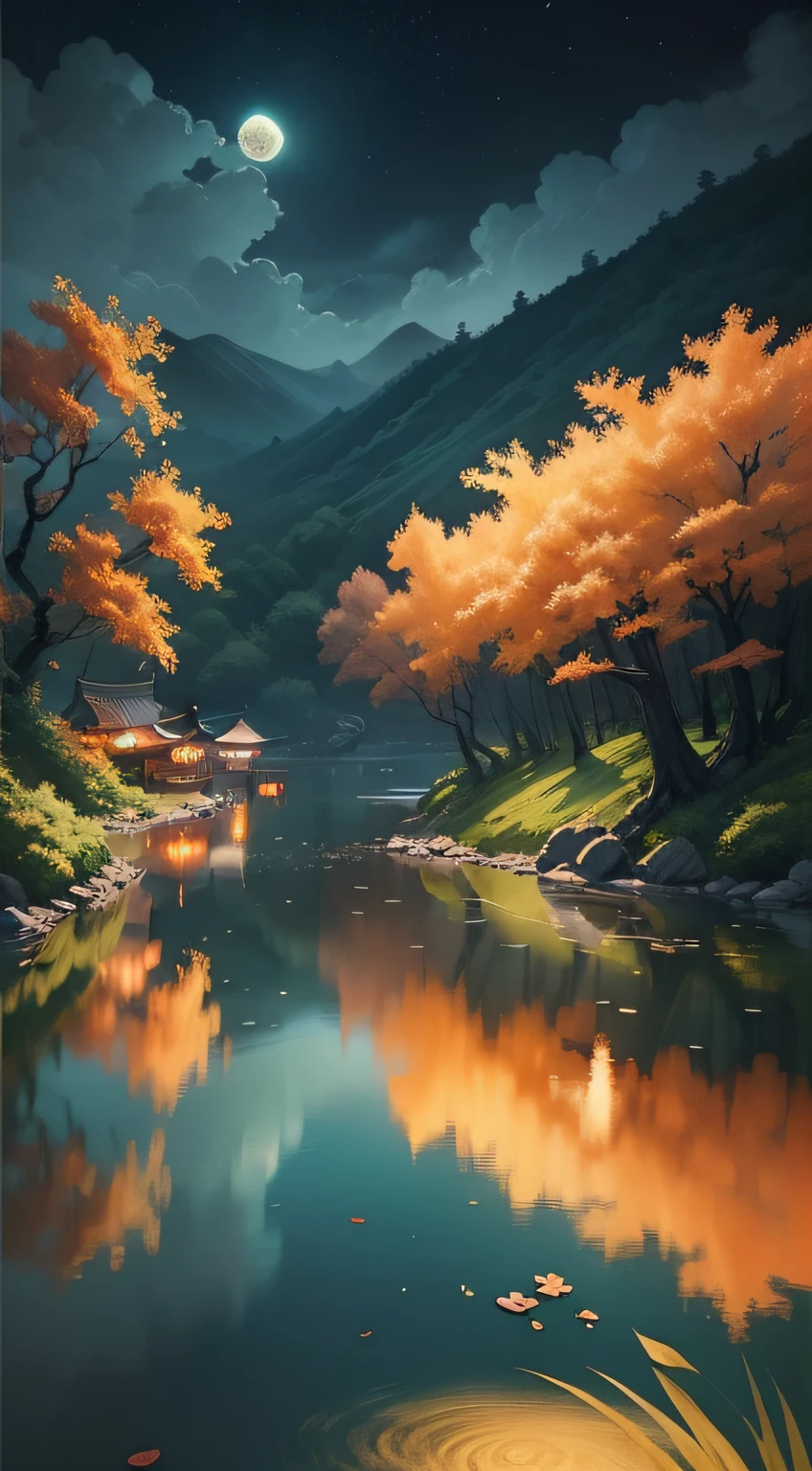 Chinese style painting, Japanese style painting,Surface lake water,There is a small boat, Chinese watercolor style, inspired by Tang Yin, A beautiful artwork illustration, Chinese painting style, Detailed cover artwork, Chinese martial arts fantasy, Artistic cover, Middle Metaverse,frigidity,Full moon night