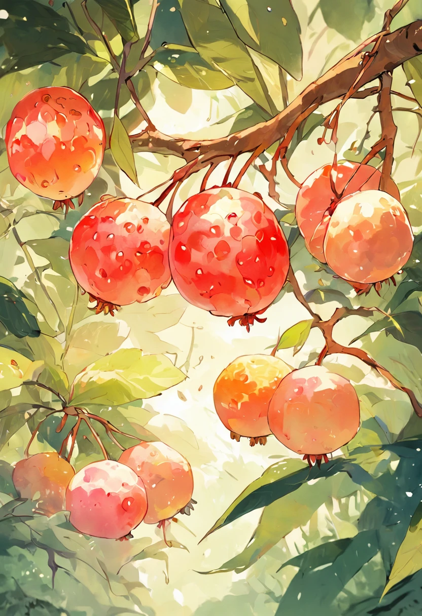 white backgrounid，litchi, watercolor paiting， full color digital illustration ，the fruits、litchi