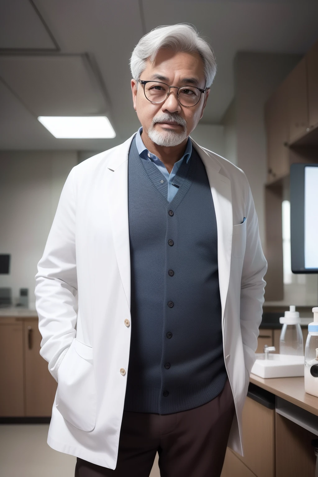 old man name albert age 52 a scientist look rich,calm,confident with large brown eye, wear nedd eyewear,wear lab coat in a laboratory facing to viewer,hand in pocket,hyperdetailed,8k,ultra shot