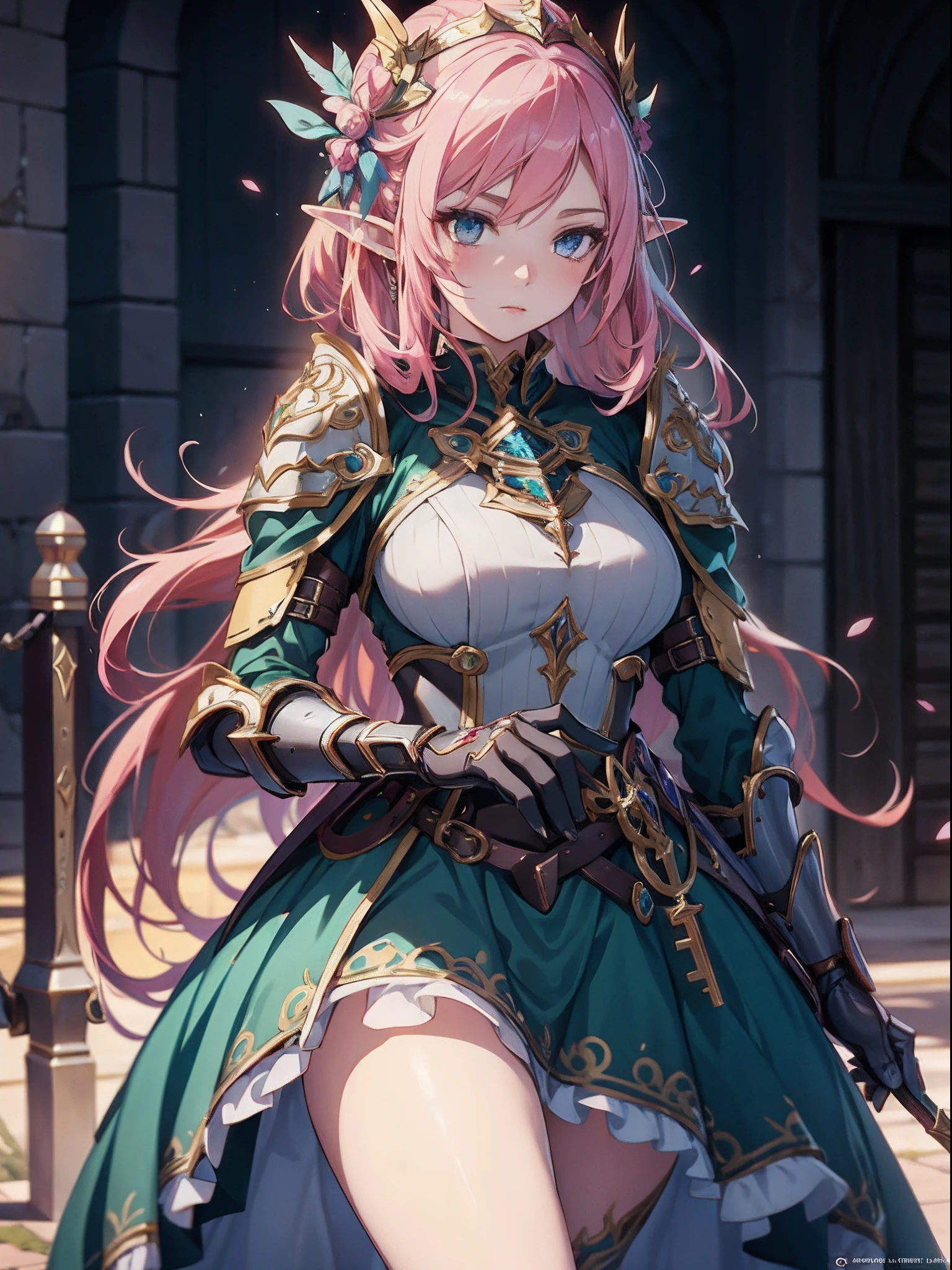 1 girl anime in a dress and hands wearing gloves, fine delicate hands, fine delicate 5 fingers, pink hair, cushart krenz key art feminine, portrait knights of zodiac girl, detailed key anime art, high detailed official artwork, detailed digital anime art, trending on artstation pixiv, 2. 5 d cgi anime fantasy artwork, detailed anime character art, alluring elf princess knight, astri lohne