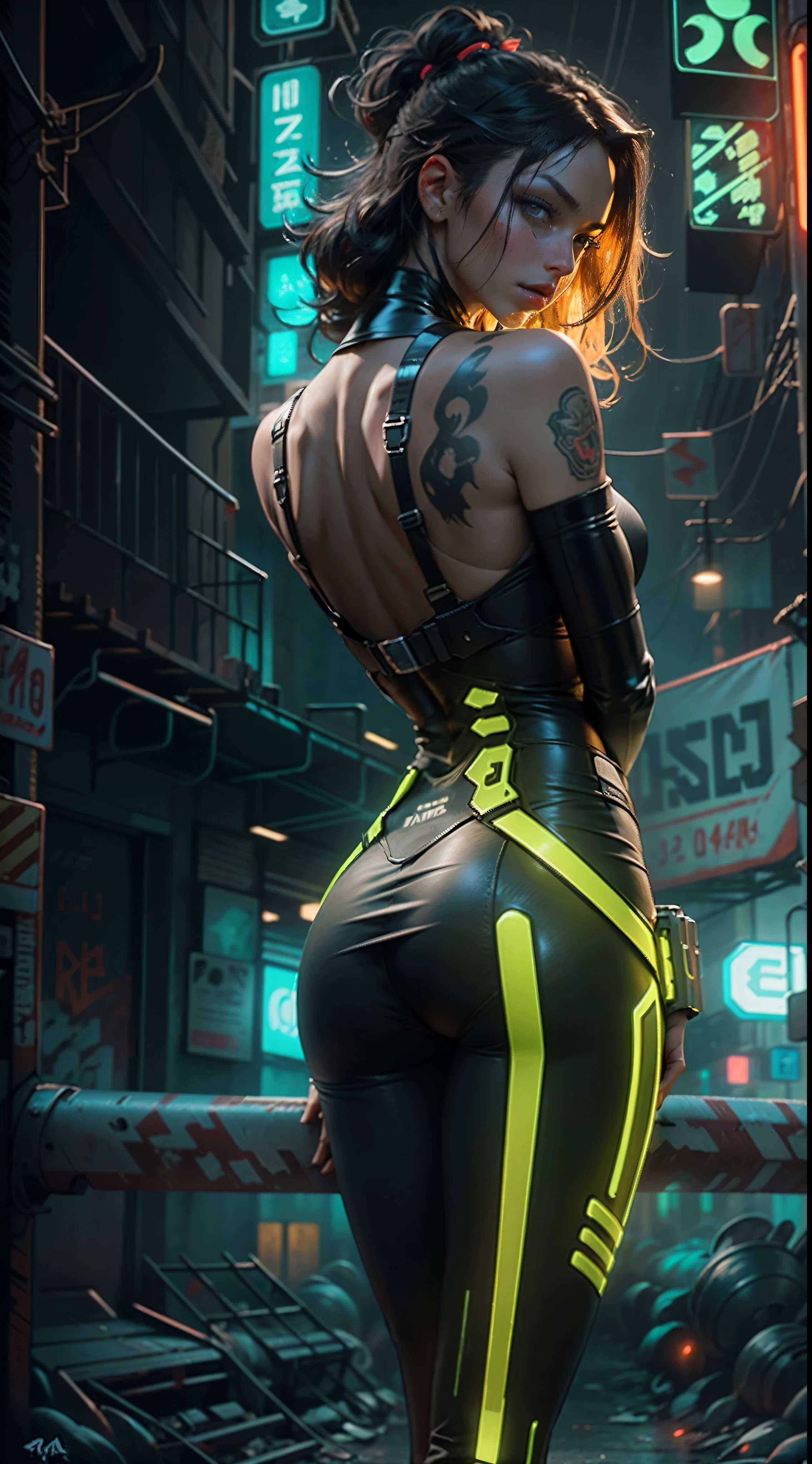 Retrato motor irreal:1.4,CG ultra realista 64K, fotorrealista:1.4, textura da pele:1.4, obra prima:1.4,Beautiful woman posing from behind in yellow latex lingerie posing in an apocalyptic city of fire,knee tights,((fundo a noite neon Cyberpunk)), beautiful thin hands,(foto 8k)), HDR ,super realista,....RAW, DETALHES HIPER-REALISTA, (estilo de filme)cores vivas