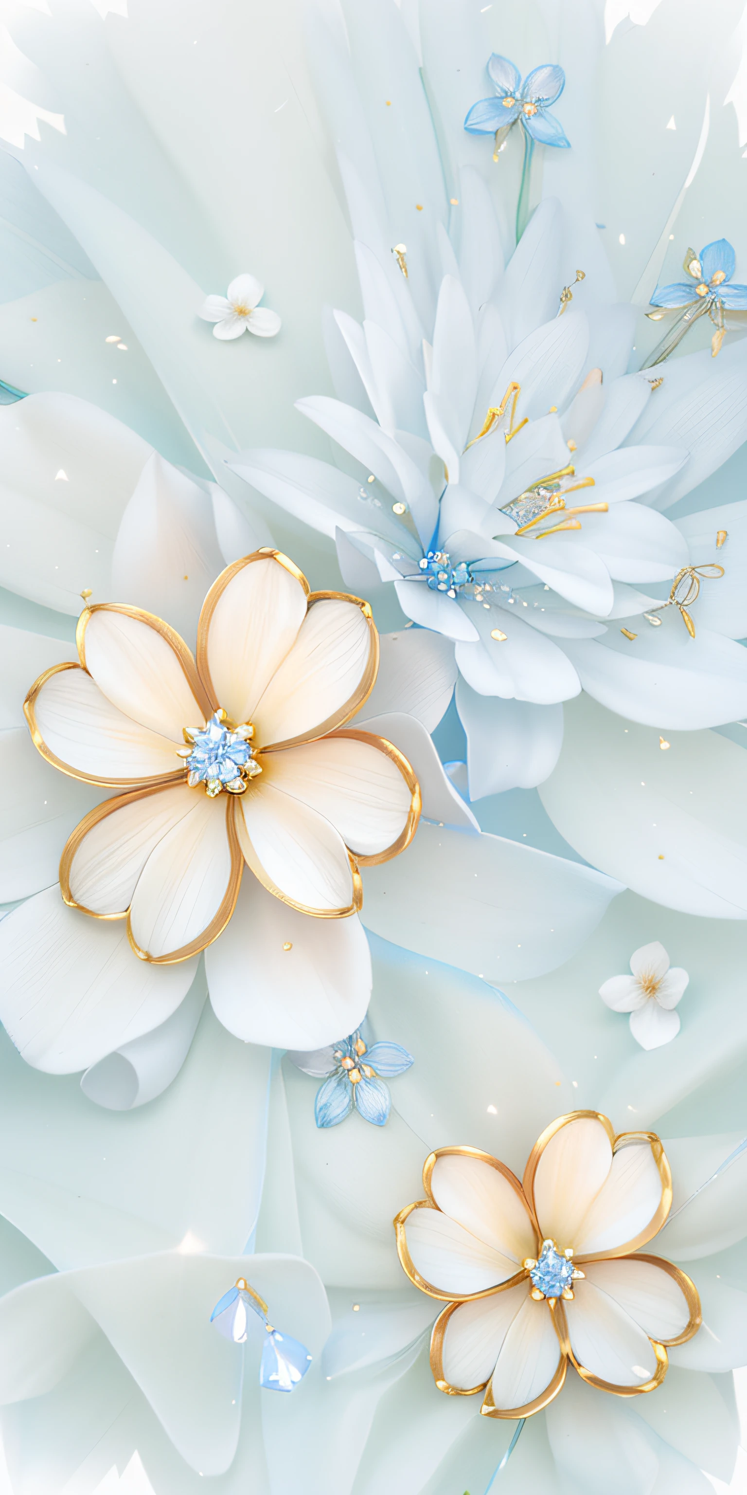 White flowers with two gold leaves on a blue background, flowers and gold, flor branca, exquisite floral details, White petals, elegant flowers, Flower background, White flowers, glowing delicate flower, gold flowers, white and pale blue toned, beautiful flowers and crystals, flowers in the background, soft flowers, background natural flower, flower, blue flowers accents
