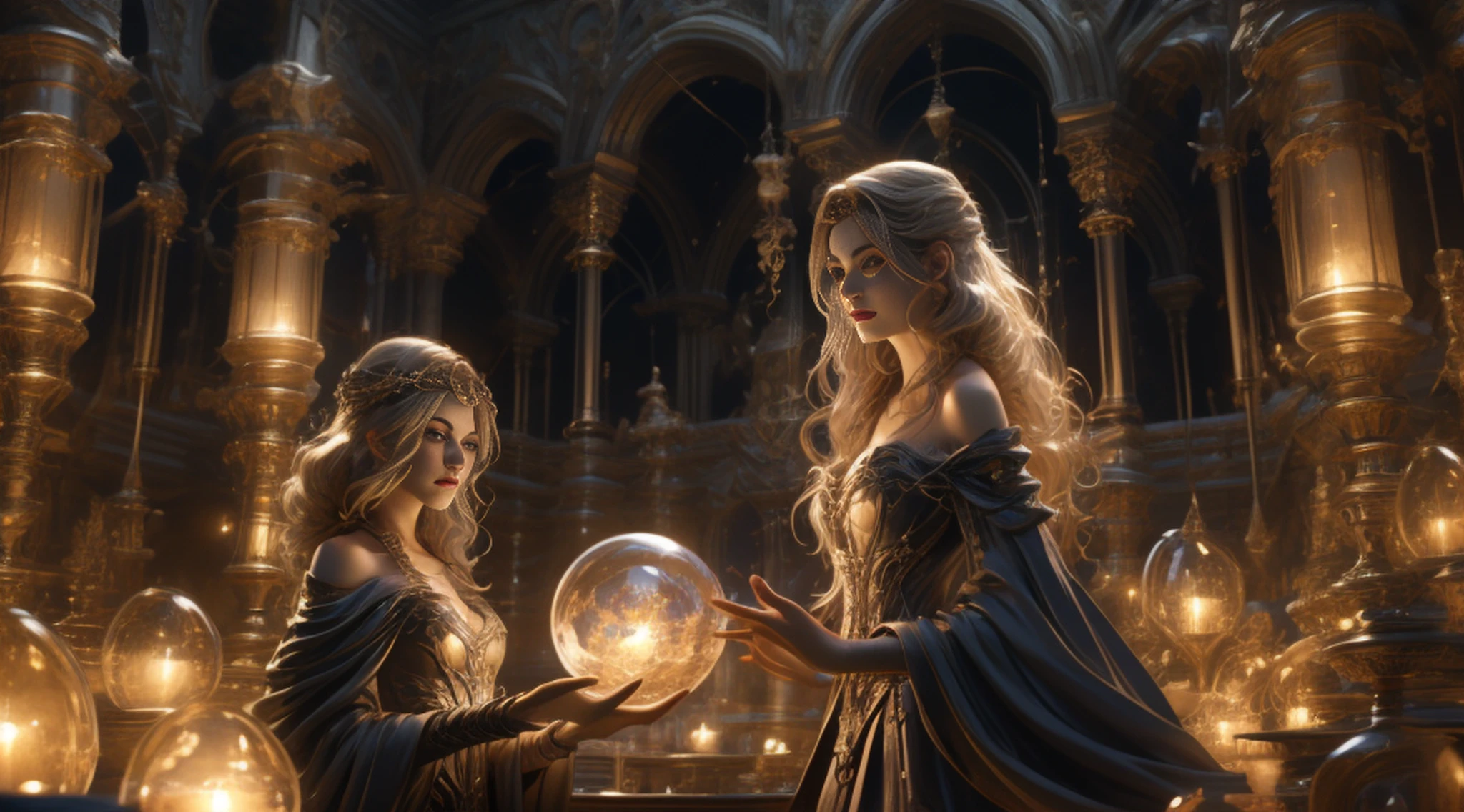 (​masterpiece, best quality:1.5), highest quality, High resolution, super detailed, Realists, Upper body photo of a blonde sorceress, detailed and beautiful eyes, beautiful detailed lips, very detailed eyes and face, longeyelashes, shiny satin dress, Holding a wand in your hand and performing a transformation spell, Magic wands present and shiny, Beautiful and colorful makeup, elegant and noble々The jewelry bag, Gardens as background, soft daylight, bright colors, fine brushstrokes, Portrait style, Silk dress fabric, beautiful color palette, glowing skin, First-class rendering, that captures every detail, enchanting atmosphere, subtle shadows and lights, (perfect anatomy:1.2), (The two stunning sorceresses transform stones into jewelry (a transformation with the magic wand:1.4), (magnificent panorama view:1.2)