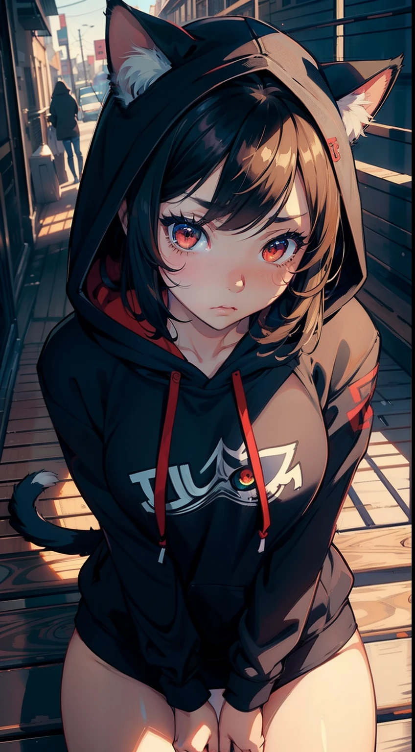 1girl, (masterpiece), best quality, expressive eyes, perfect face, cat girl,hoodie, hood, cat ears, ((nsfw)), cute, perfect face, no_pants, pussy, vulva, emarassed, pouting, blushing,cozy, red eyes, morning, expressive eyes, emotions,sensual, lewd,furr,