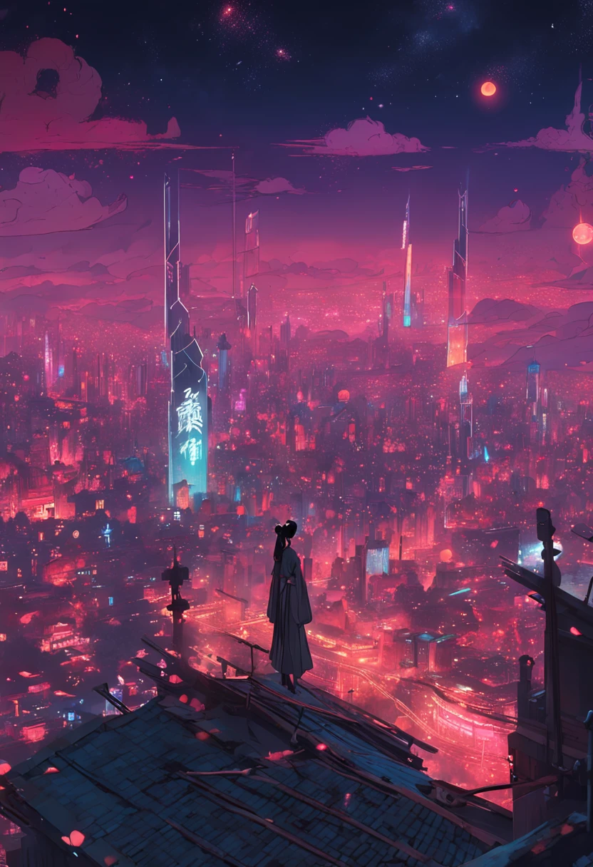 Massive cyberpunk cityscape, Soaring spires and holographic billboards illuminating the night sky.Hanfu girl