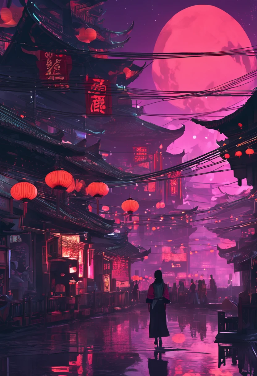 Massive cyberpunk cityscape, Soaring spires and holographic billboards illuminating the night sky.Hanfu girl
