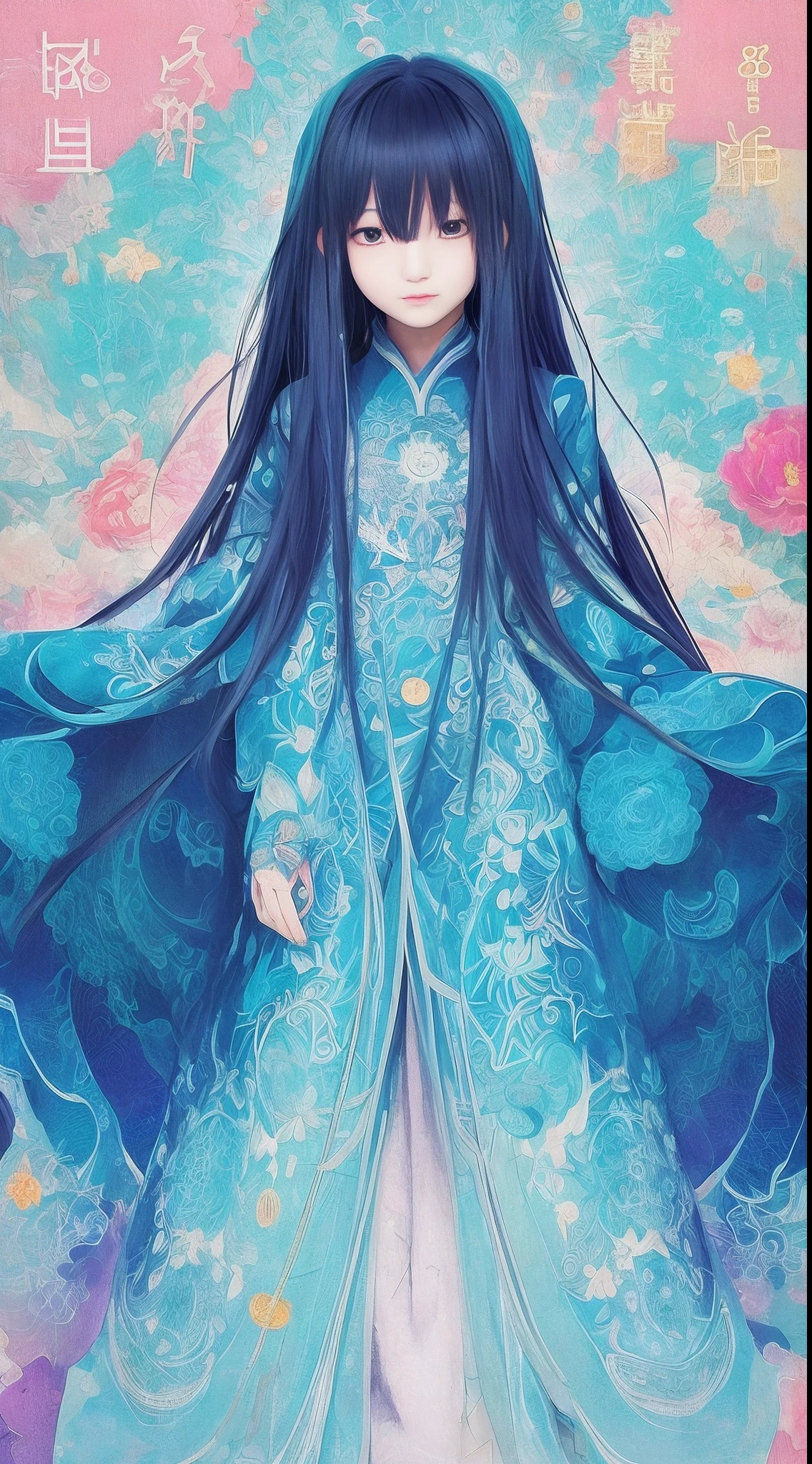 intense、Blue Mandala Shahua、Generate text describing Arianna's paintings。Her work is full of passionate colors and unique shapes.、Grab the viewer's heart and keep them going.。Her work is like emotions and thoughts projected on a canvas.、Deeply impresses the viewer。In particular, please write in the image of her masterpiece.。