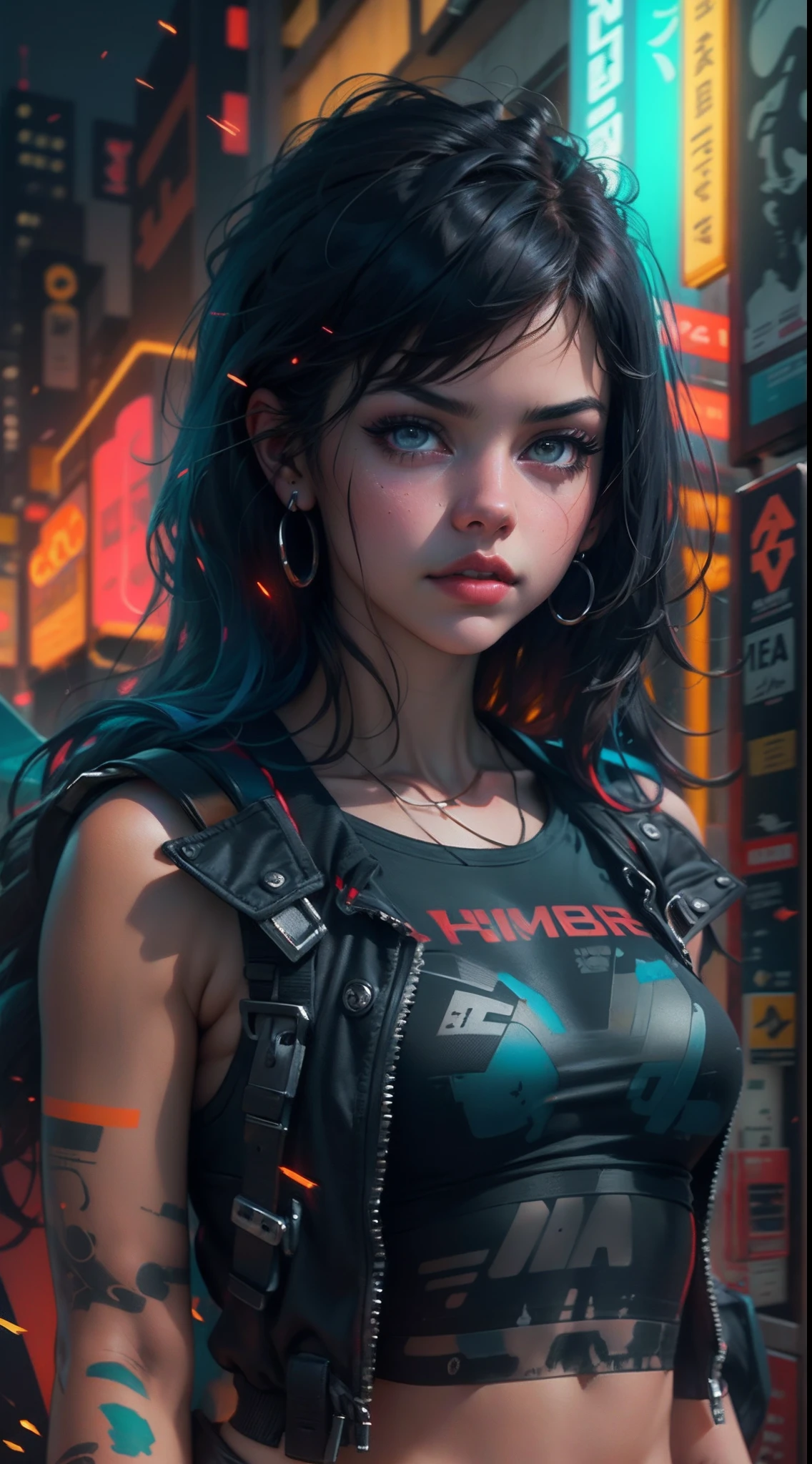 1 girl, long black hair, green eyes, wearing denim with led strip shorts, plain open shirt, cyber punk city, high res, ultrasharp, 8k, masterpiece, loking at viewer, keeping a cyberdek