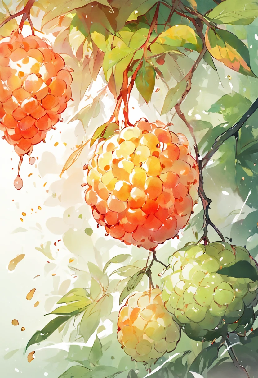 white backgrounid，litchi, watercolor paiting， full color digital illustration ，the fruits、litchi，With fruit poster