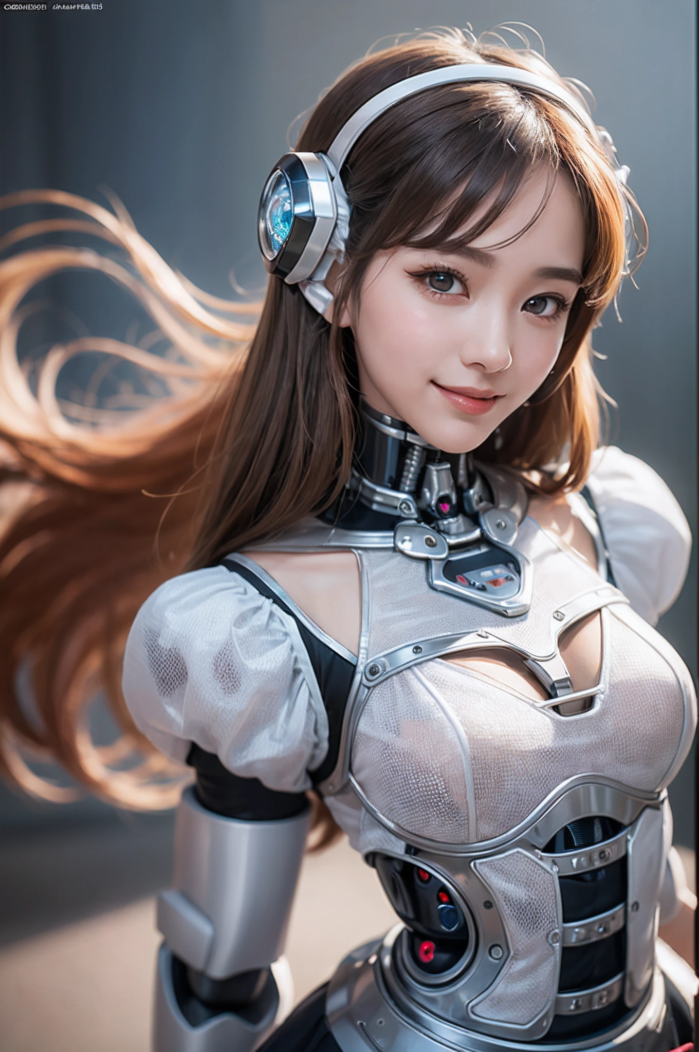 Cybernetic arm and glowing robot cyber girl,(Sheer and revealing costumes:1.3, ),(Maid robot cyber girl in fluffy maid clothes:1.3), (Robot shining behind:1.3),Glossy light brown and orange striped shorthair,Cute smile,Perfect round face,A cheerful smile that makes the viewer happy,Proper body proportion,masutepiece,Super high-quality output images,hight resolution,Intricate details,Hair fluttering in a very delicate and beautiful wind,photos realistic,Dreamy,Professional Lighting,realistic shadow,Solo Focus,Beautiful hands,Beautiful fingers,Detailed finger features,detailed clothes features,Detailed hair features,detailed facial features,