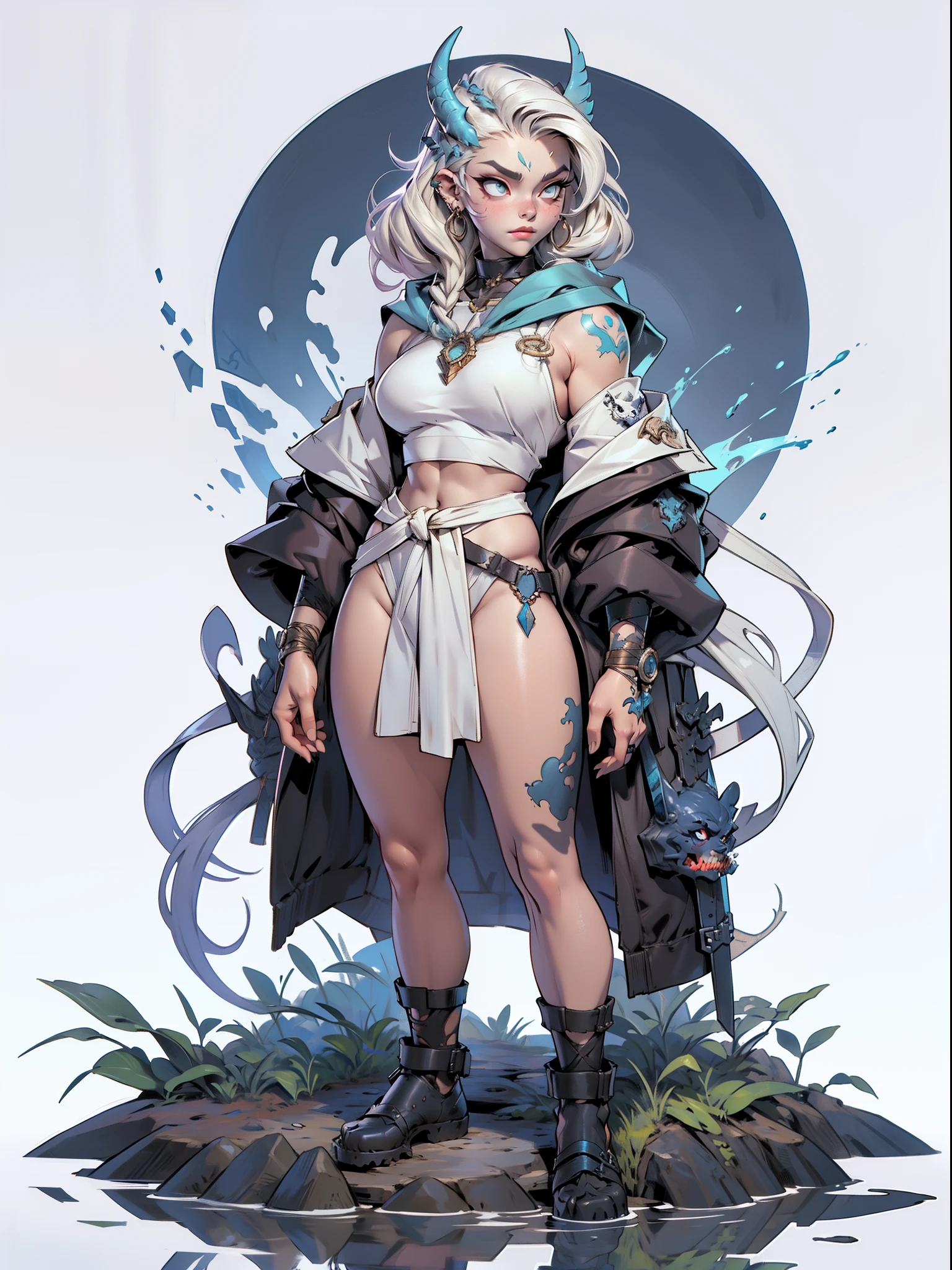 ((top-quality))、((tmasterpiece))、((Full body photo of a woman))、((very simple background))、(Game character design)、amazon warrior,Primitive barbarian tribal style,Water element chest shell,exposed navels,Animal skin clothing,cloaks,Blue clothes,Blue demon monster、monster design,(Water Goddess,Marine element merger)、Cartoony、Beastman、Ivory ornaments、独奏、Fighting posture,Riot game concept art