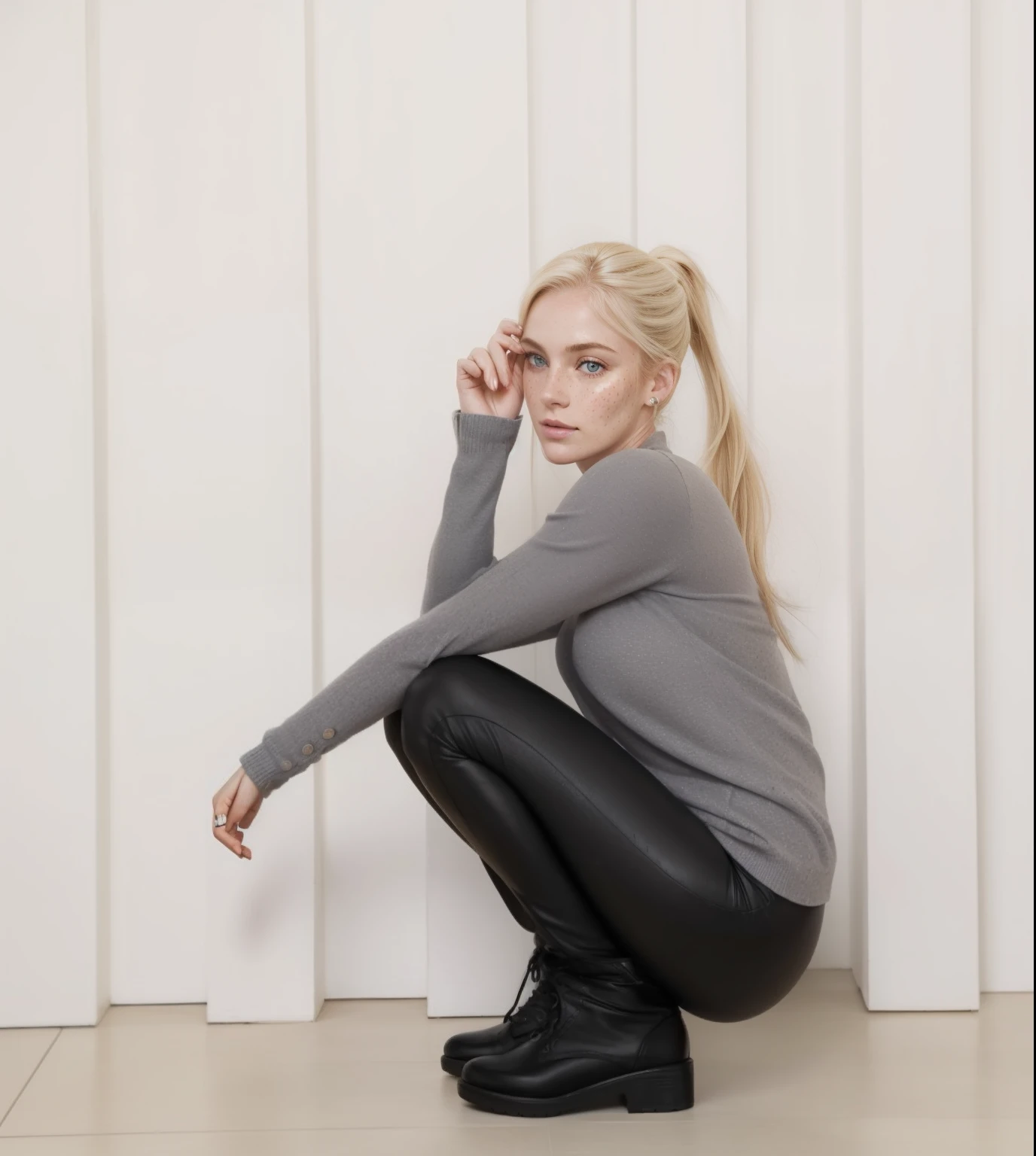 Rosto de uma mulher, americana, 30 anos, pale skin and freckles, olhos cinzas, nariz delicado, soft and delicate lips, cabelo blondie cinza ponytail