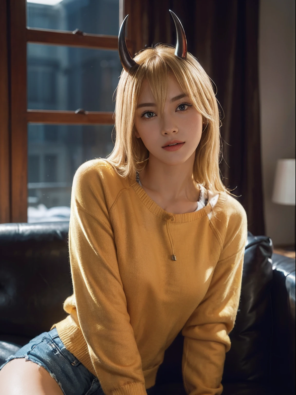 (best quality, masterpiece:1.4), beautiful face, detailed face, 1girl, solo, power \(csm\), cute smile, (horns, blonde hair:1.4), dynamic camera angle, (photography:1.1), korean girl, asian idol, beautiful model, hair between eyes, ((red sweatshirt)), full body shot, sexy, yellow eyes, ((living room)), (sitting on a couch), sharp stare eyes, ultra realistic, blue shorts, toned, shiny skin, head tilt, ((indoors)), ((dark background)), soft light, cinematic lighting, ((night)), photographed on a Canon EOS R5, 50mm lens, F/2.8, HDR, 8k resolution, bloom, depth of field, straight-on, (highres:1.1), sharp focus, (realistic, hyperrealistic:1.4), intricate, high detail, dramatic mood, subsurface scattering, big depth of field, polished, sharpened, ((full Sharp)), (extremely absurdres),16k hdr,