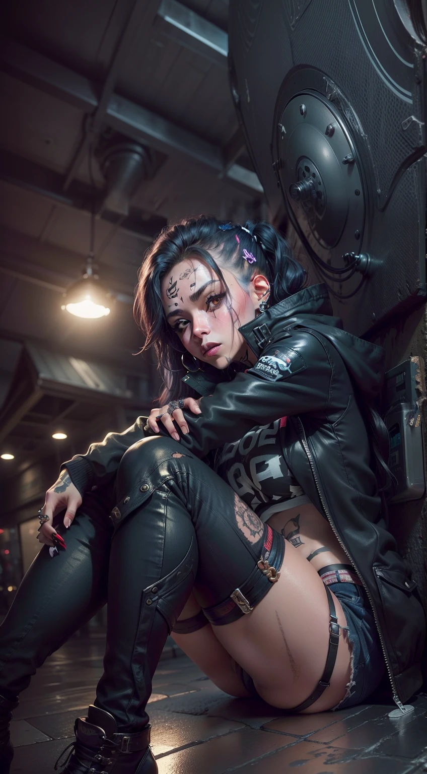 BREAK (UHD) (Real) (Masterpiece) featuring a (Badass Woman) wearing (Jacket+Boots+Shirt). She has (Piercings), (Face Tattoos x1.1), and a (Dirty Face x0.91) but also a (Cute Face x0.91). She is (Leaning on a Wall x1.1) in the (Night Time) and the image is (Full Body).BREAK