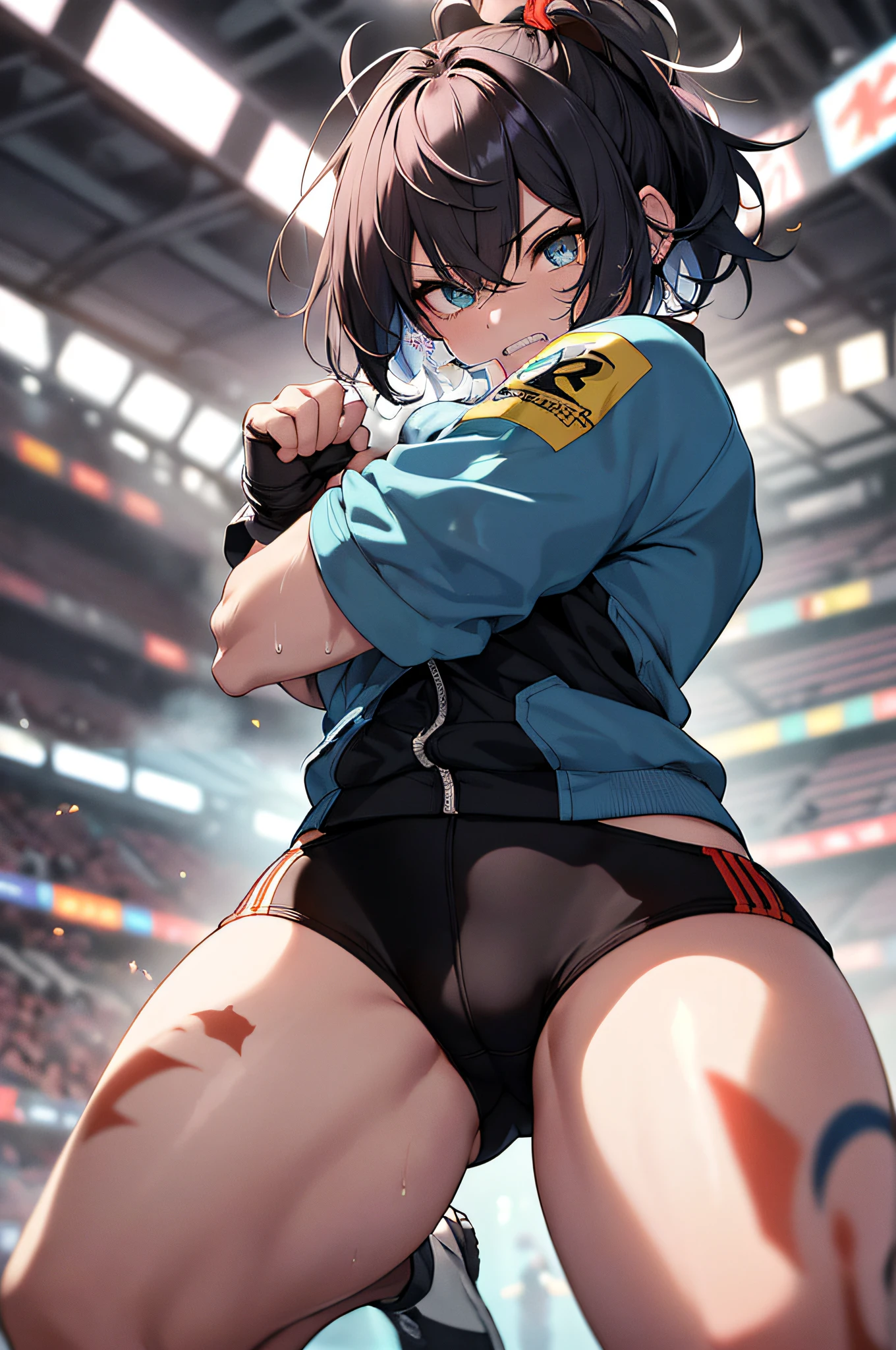 profetional lighting、pretty skin、Her eyes shone like stars(radiant eyes:1.233)、Delicate fingers and hands、Delicate toes and legs、(((in 8K, Raw photo, Best Quality))), disheveled hair、Glossy hair、shinny skin、Curvaceous but slender、1 Female Martial Artist、Beautiful back line、Background with:Colosseum in ancient Rome、well-muscled、muscular legs、Splattering sweat、short-haired、Backgrounds with depth、poneyTail、colourfull、sports wear、Profile in fighting pose、Separate Wear、short pants、Kickboxing moves、Aura of light covering the body、Photos in motion、The moment when a high kick hits the opponent in the face、Highkick、espadrilles、