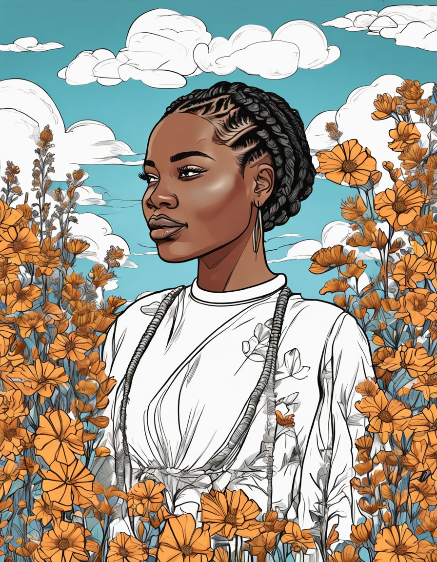 (((black woman) AND (detailed cornrow hairstyle)) AND (direct eye contact)) OR ((field of flowers) AND (close-up)) OR ((portrait) AND (clouds)) OR ((line art) AND (colorful books)) OR ((cartoon style) AND (pure white background))