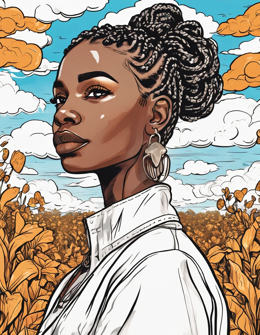 (((black woman) AND (detailed cornrow hairstyle)) AND (direct eye contact)) OR ((field of flowers) AND (close-up)) OR ((portrait) AND (clouds)) OR ((line art) AND (colorful books)) OR ((cartoon style) AND (pure white background))