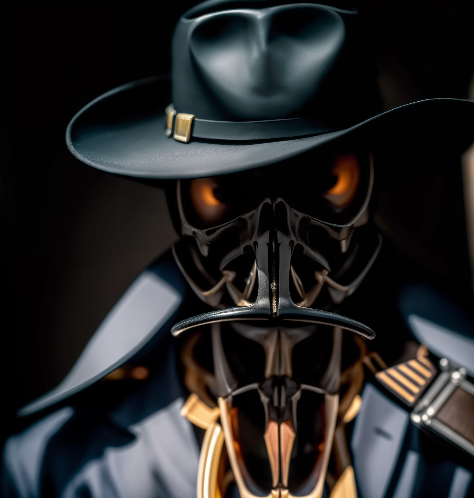 Man in the shadows, detective with a hat, is an insectoid person, (mandible:1.7), scary eyes, hungry, ultra realistic, insect, 8k, horror, professional portrait photography, professional portrait, ultra realistic, real life, crime to be solved, professional lighting, action scene, hero, high resolution, friendly
