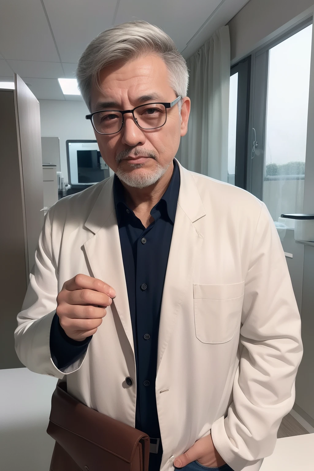 old man name albert age 52 a scientist look rich,calm,confident with large brown eye, wear nedd eyewear,wear lab coat in a laboratory facing to viewer,hand in pocket,hyperdetailed,8k,ultra shot