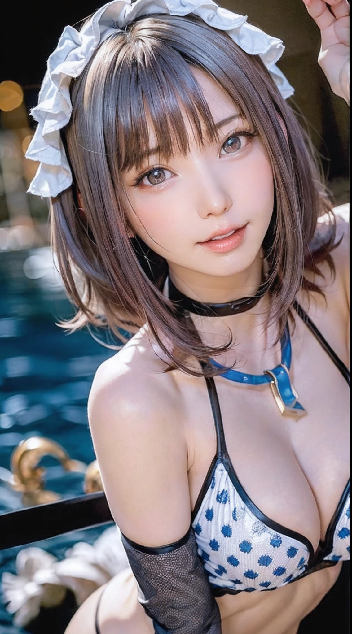 ((NSFW))、Beautiful beaches in summer、((The face is Enako of a cosplayer))、absurdity, 8K、masuter piece、high detail photo, Professional Photography, Cinematic lights, (((Best Quality))), (A slender)、 Sexy polka dot swimsuit, Full Wide Open Chest, cleavage of the breast, (kindly smile)、((short wavy silver hair))、