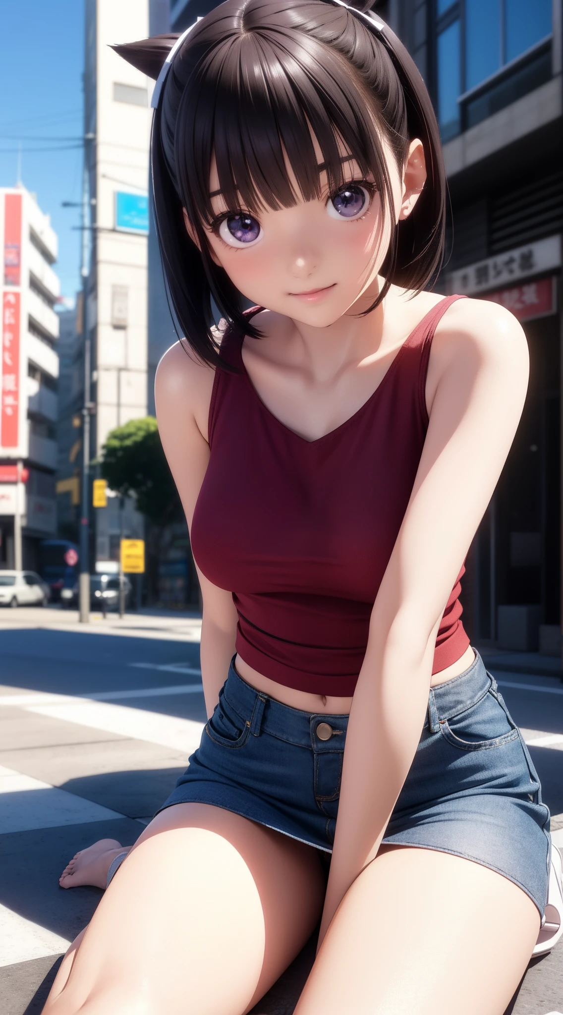 1人の女性、((3d anime))、kawaii、18year old、Lustrous hair、Bob Hair、Random Poses、Random attire、Cute clothes、sexypose、Dating in the city、a miniskirt、Pretty clothes、low angles、Sitting in a seat、lascivious、Sexy inner thighs、Naughty underwear