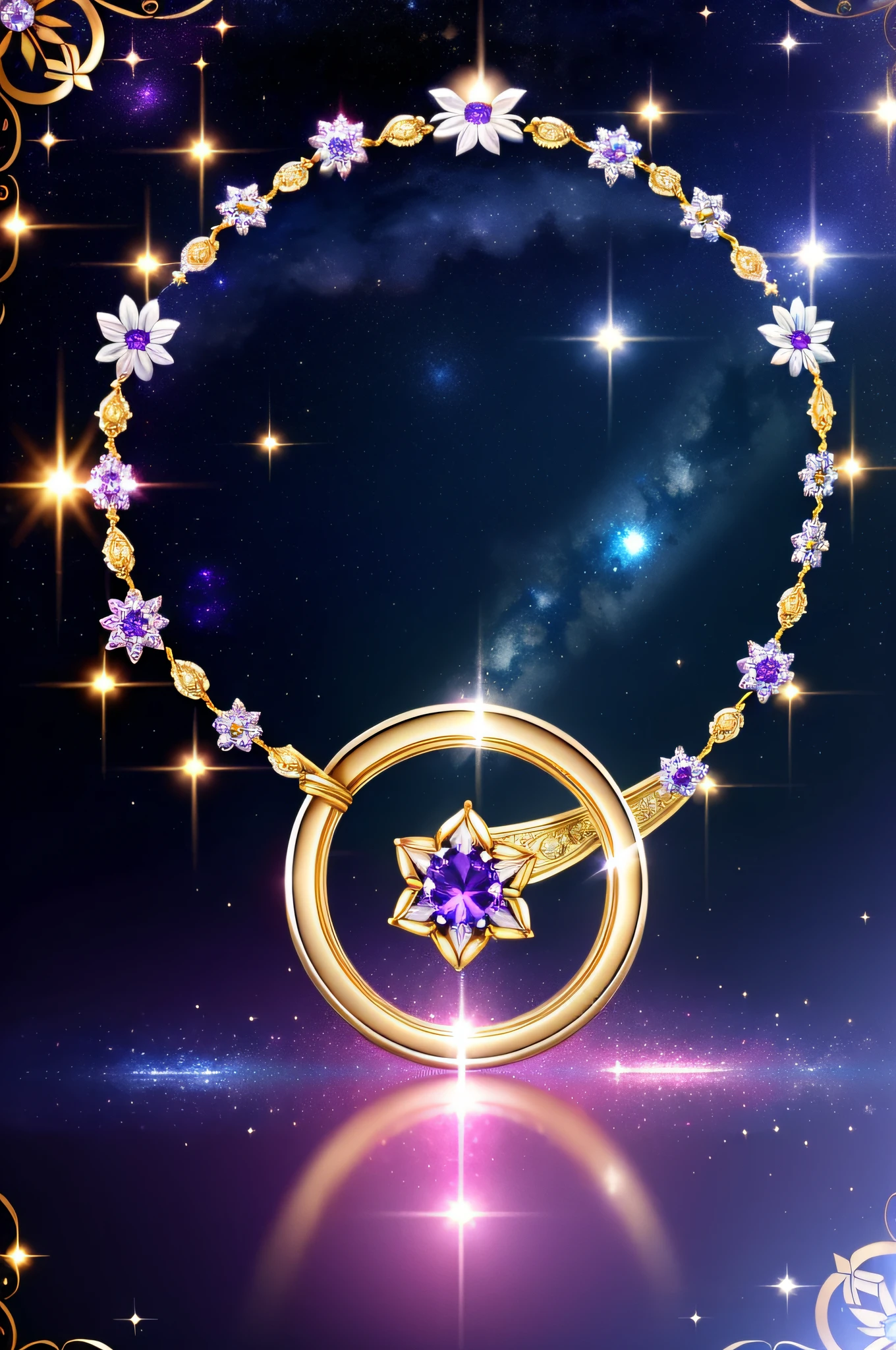 ((Masterpiece)), ((highest quality)), ((Nothing but the ring)),(No Human),The ring is set with a phoenix,starrysky,Wrapped around the end from beginning to end,Delicate silver ring, Starry sky in the ring,The sheen,inverted image,Sparkling blue-purple gemstones,Elegant and noble, lotus flowers, (ultra details), (beautiful flowers), background with stars in the sky, shimmering and brilliant,