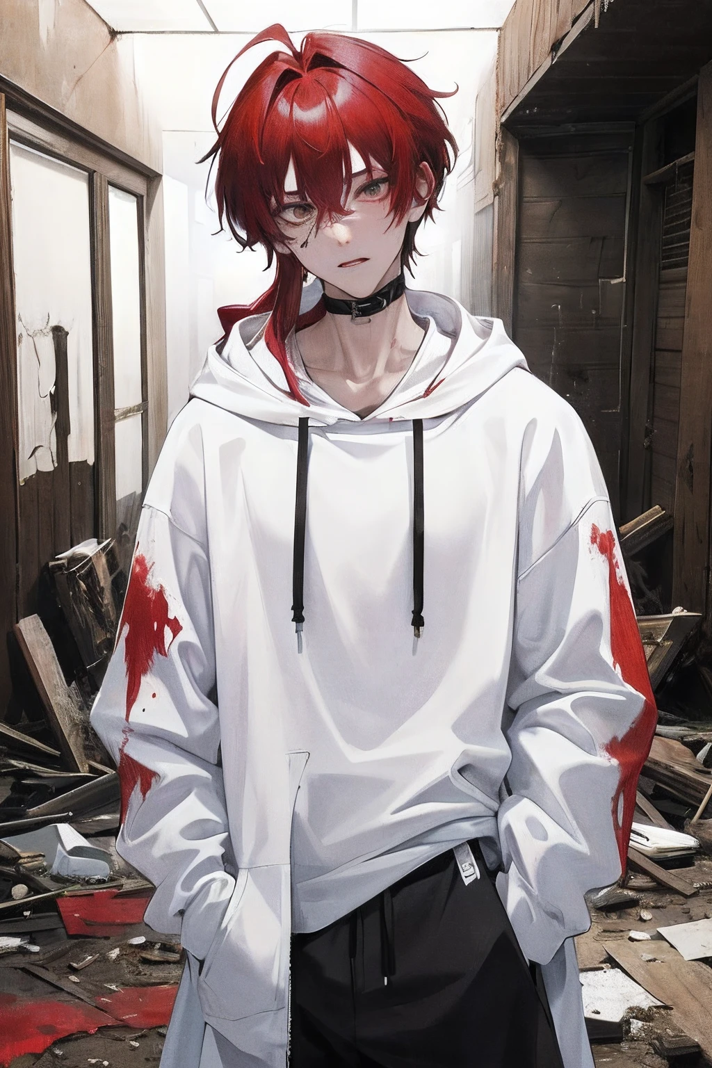 8K, masterpiece, top quality, 1 man, half body, age boy, at night, in an old abandoned house, wearing white hoodie, black trousers, long hair tied back, crimson hair color, holding katana, 1 horn on his head, his mouth torn open, face terrible like a monster, lots of blood splashing on his body, a psychopath