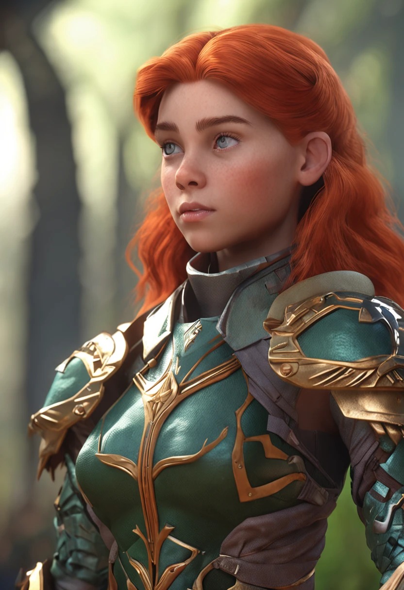A female character wearing the same armor,Red hair and green eyes, in the style of unreal engine, full bodyesbian, Soft Shading, Beautiful and loving illustrations for children's books in a consistent style