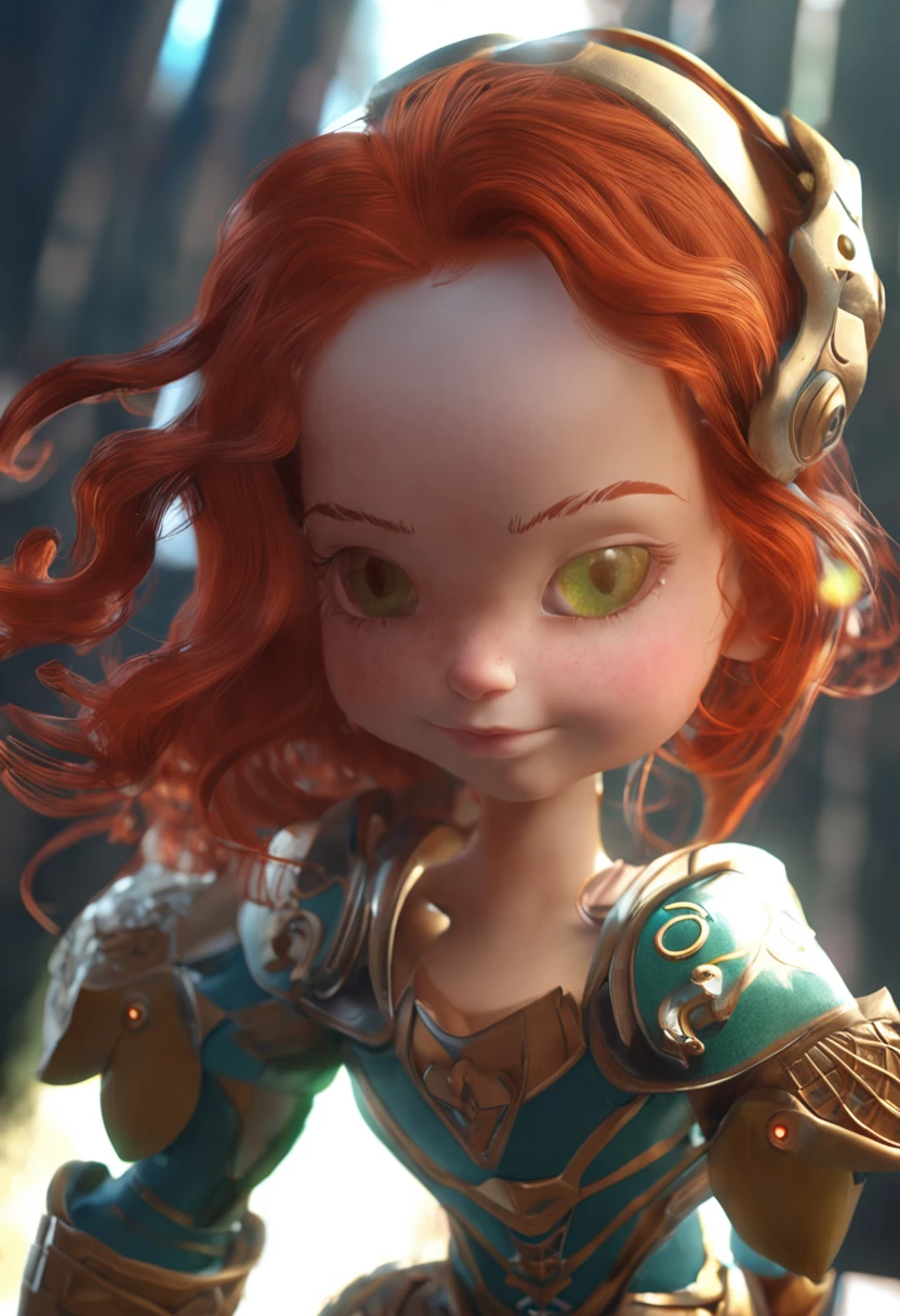 A female character wearing the same armor,Red hair and green eyes, in the style of unreal engine, full bodyesbian, Soft Shading, Beautiful and loving illustrations for children's books in a consistent style