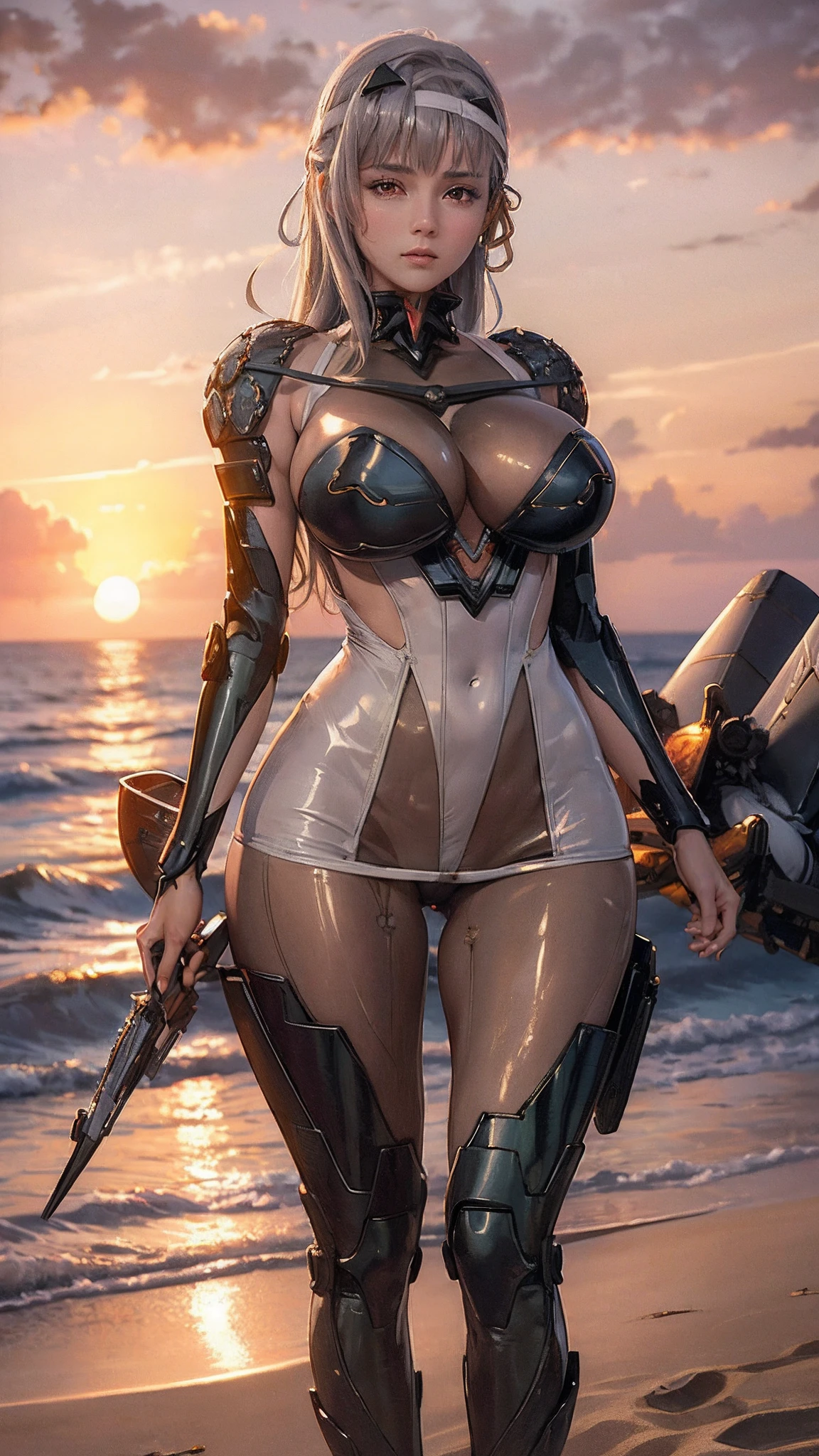 (((beautiful))), modernia, mecha, lower body mecha armor, bodysuit, shoulder pads, red eyes, huge breasts,(((shiny skin))), ((intricate details)), hdr, ((intricate details, hyperdetailed)), cinematic shot, (((sunset beach))), vignette, art by alphonso mucha