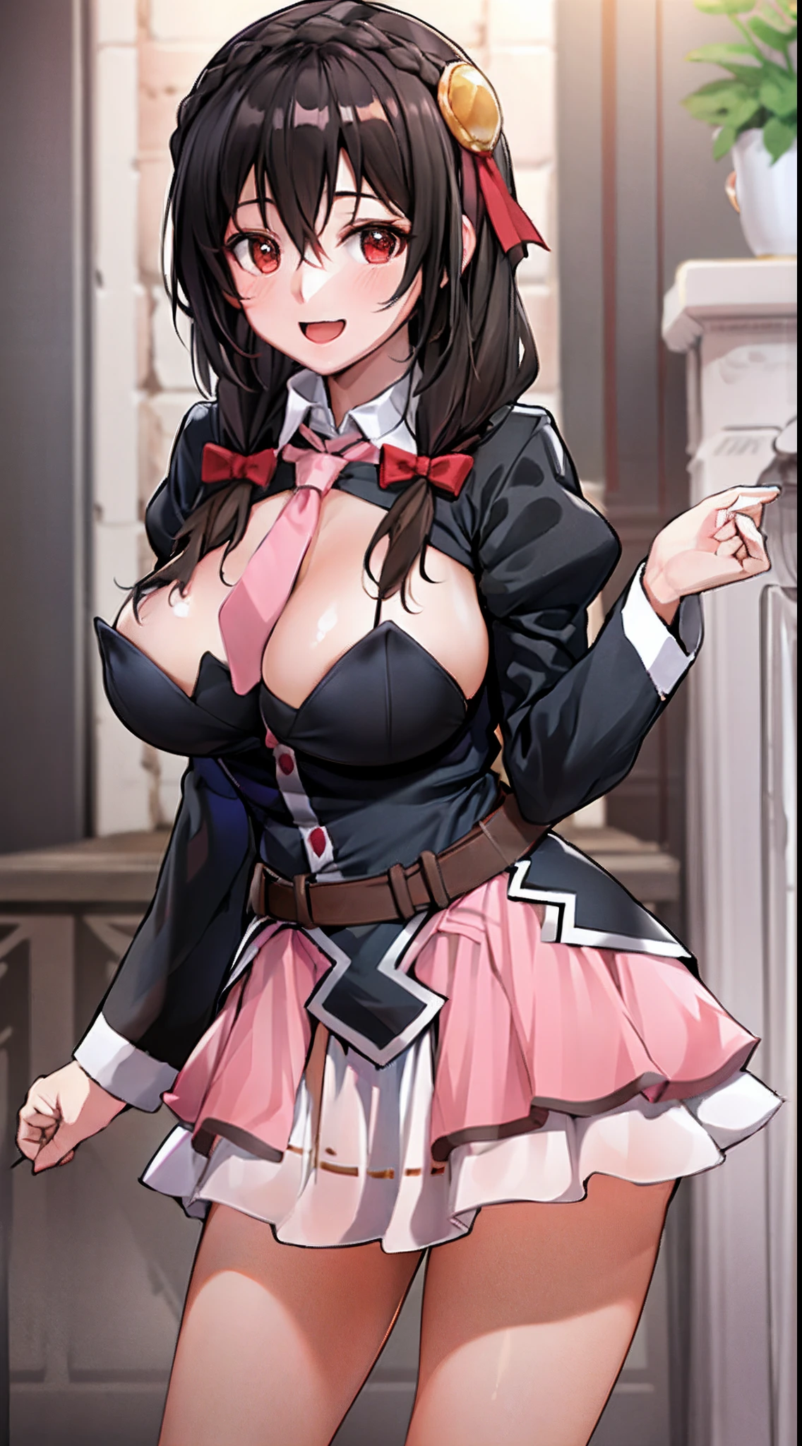 {Masterpiece, Best Quality, high resolucion, highly detaild, Best Illustration}, cowboy shots, 1Girl, Solo, yunyun, blush, Red Eyes, Black hair, Hair between eyes, Hair ornaments, hair bow, bow, red bow, Crown Braid, Open mouth, upright posture, Smile, pony-tail, hairclip, pectorals, Medium Tits, Pink skirt, White skirt, skirt, layered skirt, pleated skirt, miniskirt, Two-tone skirt, Tie, Pink tie, belt, indoors, cleavage, blazer, black jackets, Long sleeves, Standing, zettai ryouiki, thigh thighs, Pink thighs, Legs together