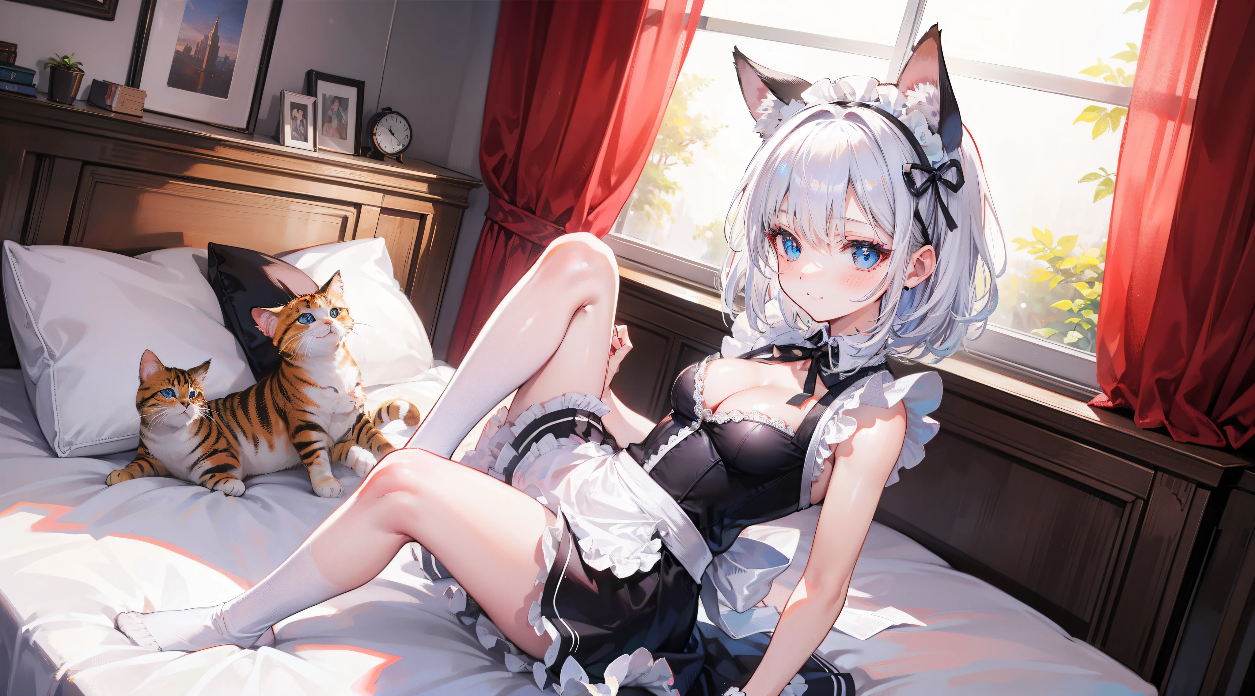 Best quality, super high precision, One girl, Blue eyes, White hair, Young, , Cute, maid, maid costume, Blush, Natural smile, Teenuncensored, Cat's ears, Large breasts,legs long, Look up at you, cleavage, Pure, obedience, Sitting, Sit gracefully, put hands between legs, Shy, on top of the bed, Penny Pincher, Affectionate, Like a sister,Full body photo