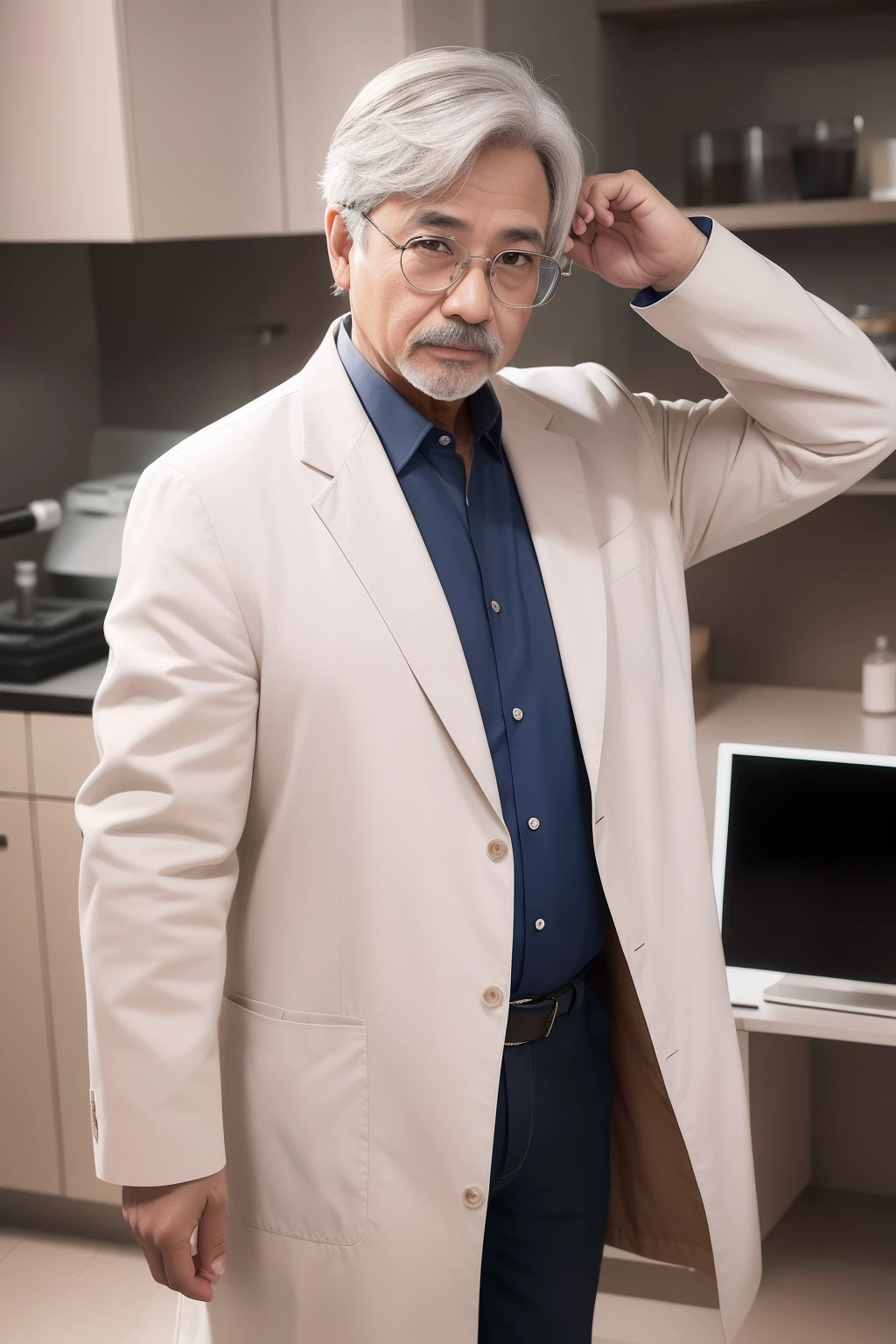 old man name albert age 52 a scientist look rich,calm,confident with large brown eye, wear nedd eyewear,wear lab coat in a laboratory facing to viewer,hand in pocket,hyperdetailed,8k,ultra shot