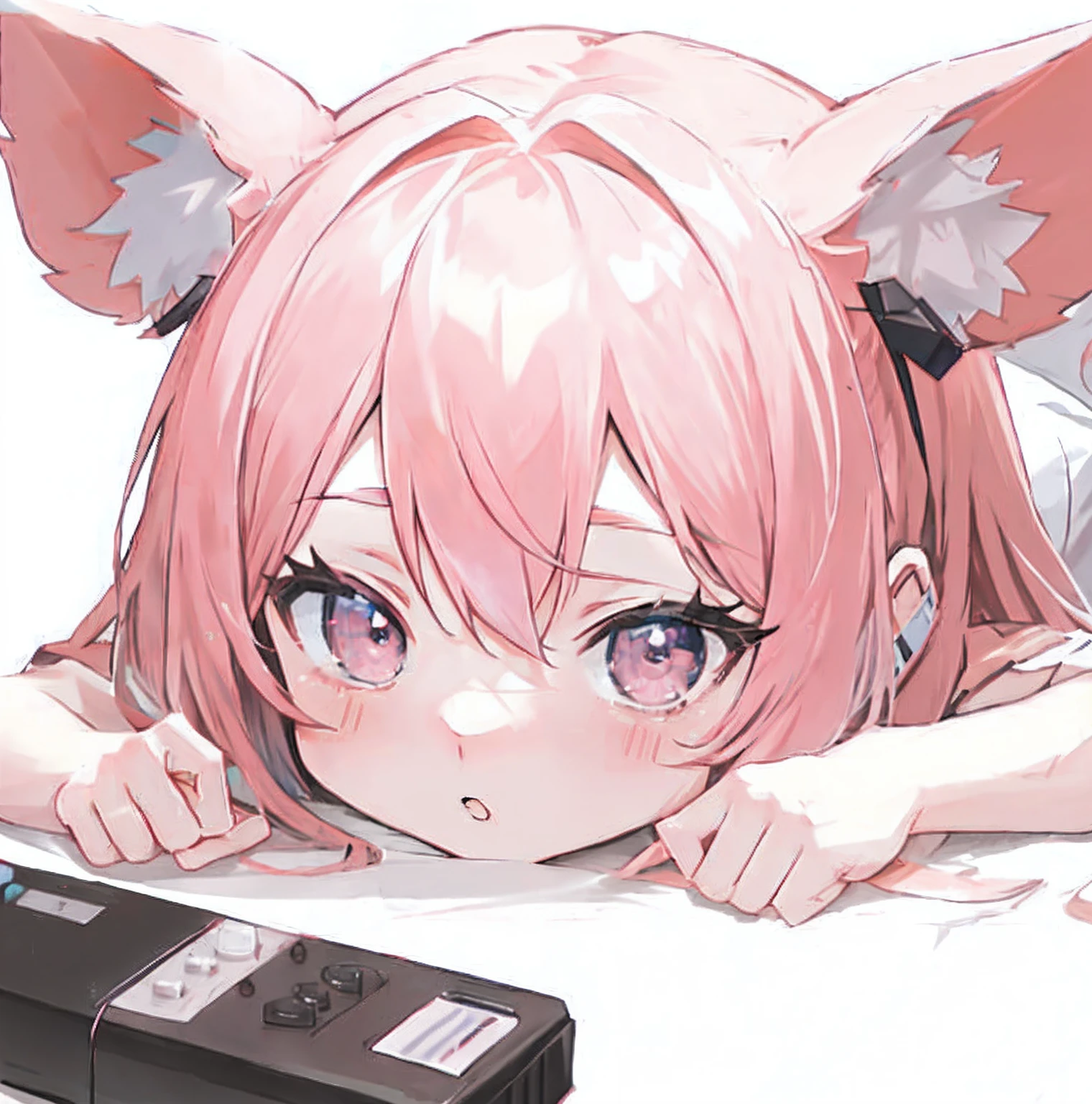 alone, score_9,score_8_up,score_7_up, anthro female sylveon, blue sclera, white eyes, wearing only black panties, laying on her stomach, holding a video game controller, looking at tv, on a bed, indoors, tired.