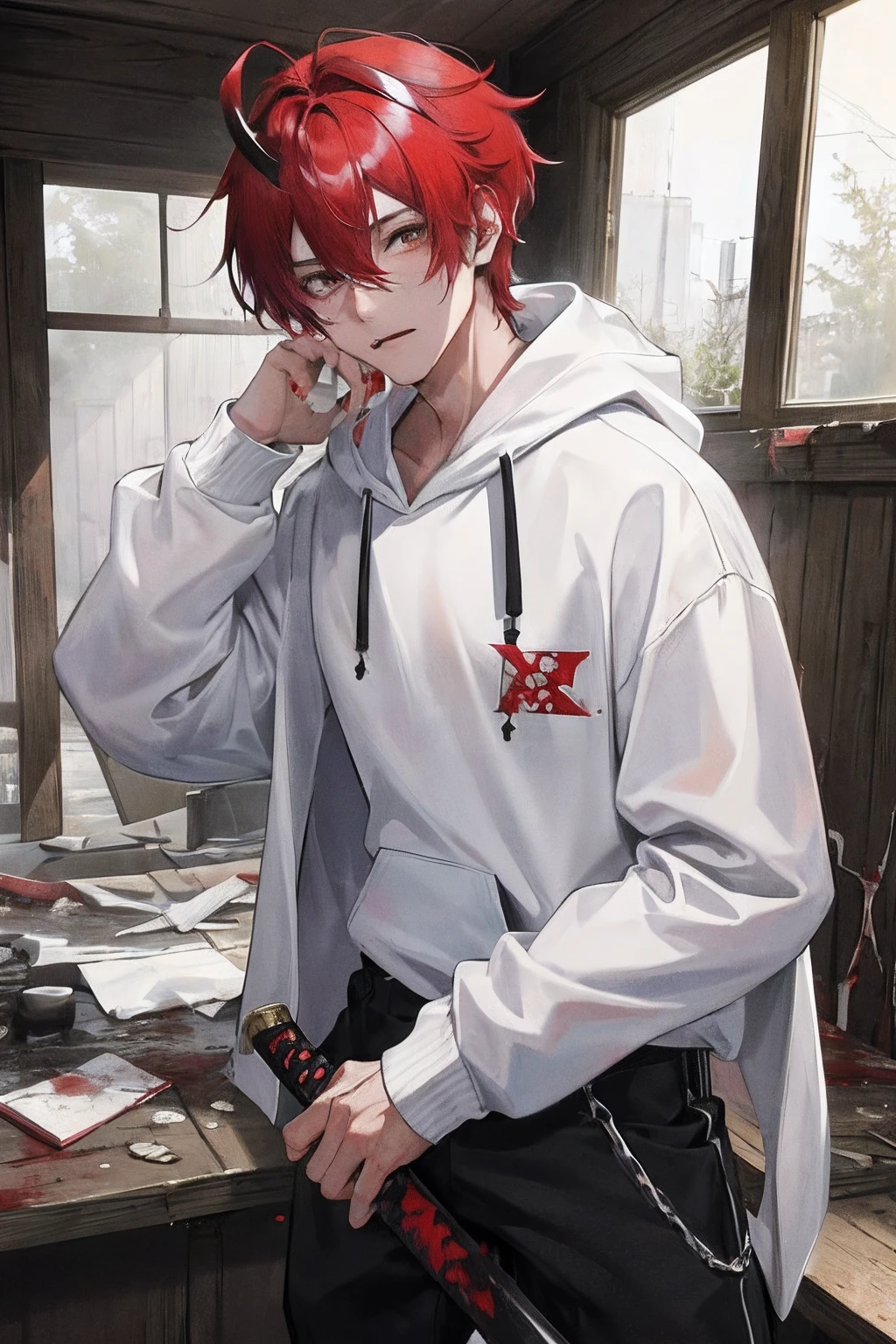 8K, masterpiece, top quality, 1 man, half body, teenage boy, at night, in an old abandoned house, wearing white hoodie, black trousers, long hair tied back, crimson hair color, holding katana, 1 horn on his head, his mouth torn open, face terrible like a monster, lots of blood splashing on his body, a psychopath