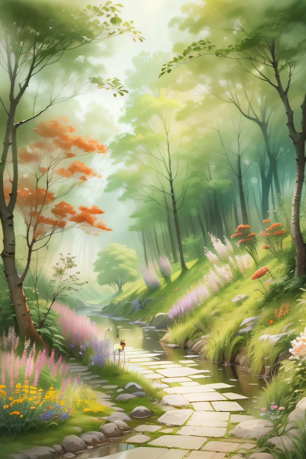 Forest path，The roadside is full of flowers，In the distance is the pond，Chinese watercolor style, k hd