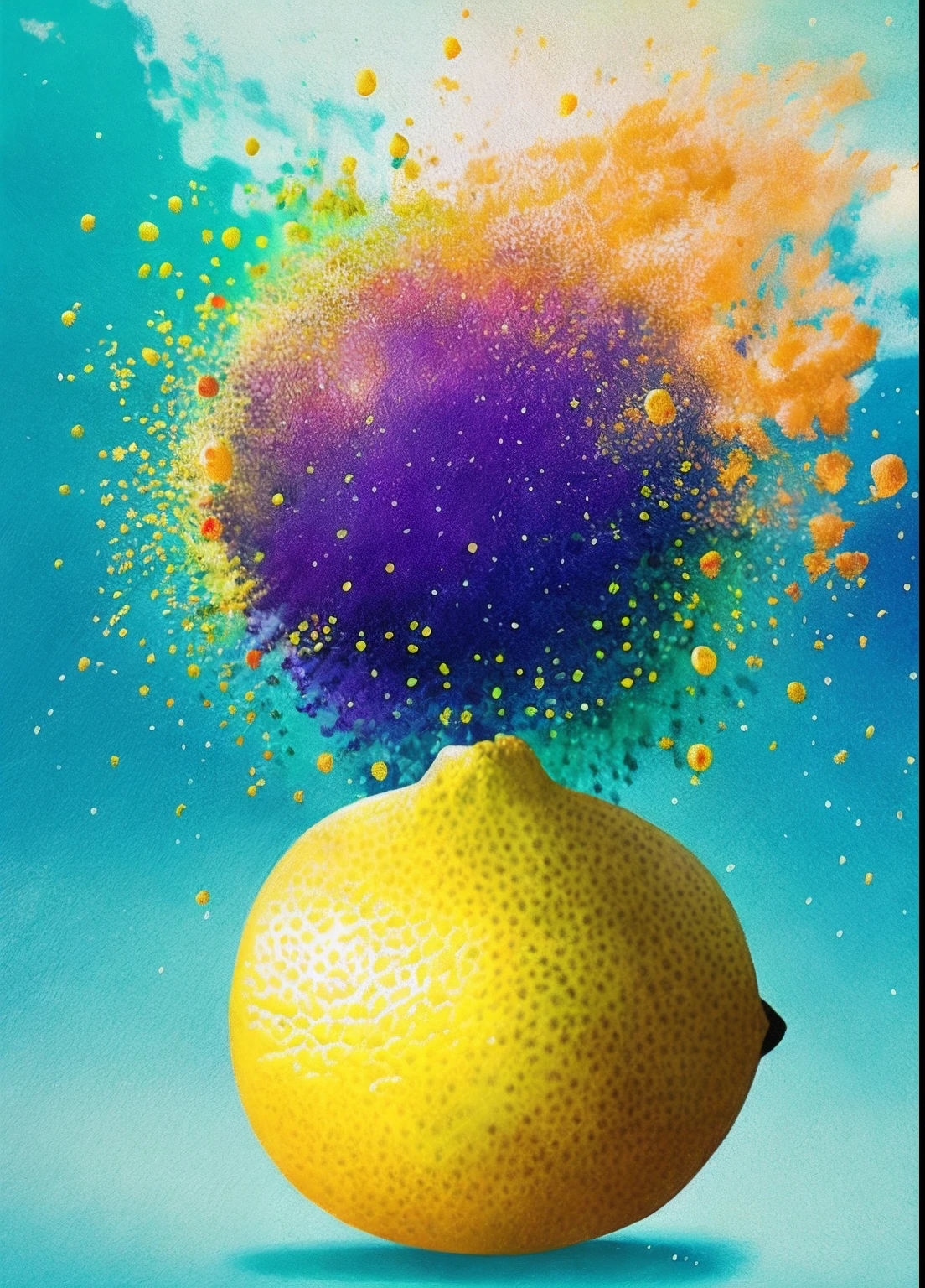 There is a drawing of a lemon with a pinch of ink on it, full-colour illustration, spot illustration, manchas coloridas, full-colour illustration, food particles, mofo colorido, particle disintegration, digital illustation, blurry and dreamy illustration, manchas de tintas coloridas e pesadas e grossos