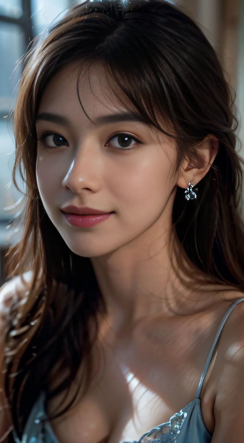 Masterpiece, highest quality, crazy details, exquisite facial portrayal, 8K resolution, delicate face, cute peerless beauty, exquisite and transparent eyes, Upper body close-up, (brilliant light and shadow), soft focus, real shadows, 8K HD, upper body close-up, depth of field, ultra definition, motion blur, intricate light, blue gradient pupils, gray messy hair, detail light, ray tracing, masterpiece long hair, water mist, light and shadow, aesthetics, details Delicate face, illustration style, strong light tracing, correct proportions, Perfect composition, high quality, masterpiece, many details, good atmosphere, refinement, ray tracing, close-up, perfect composition, infinite detail, high quality, rich details, gorgeous purity, blue princess dress, butterfly decoration on the hair around the ears, sweet smile
