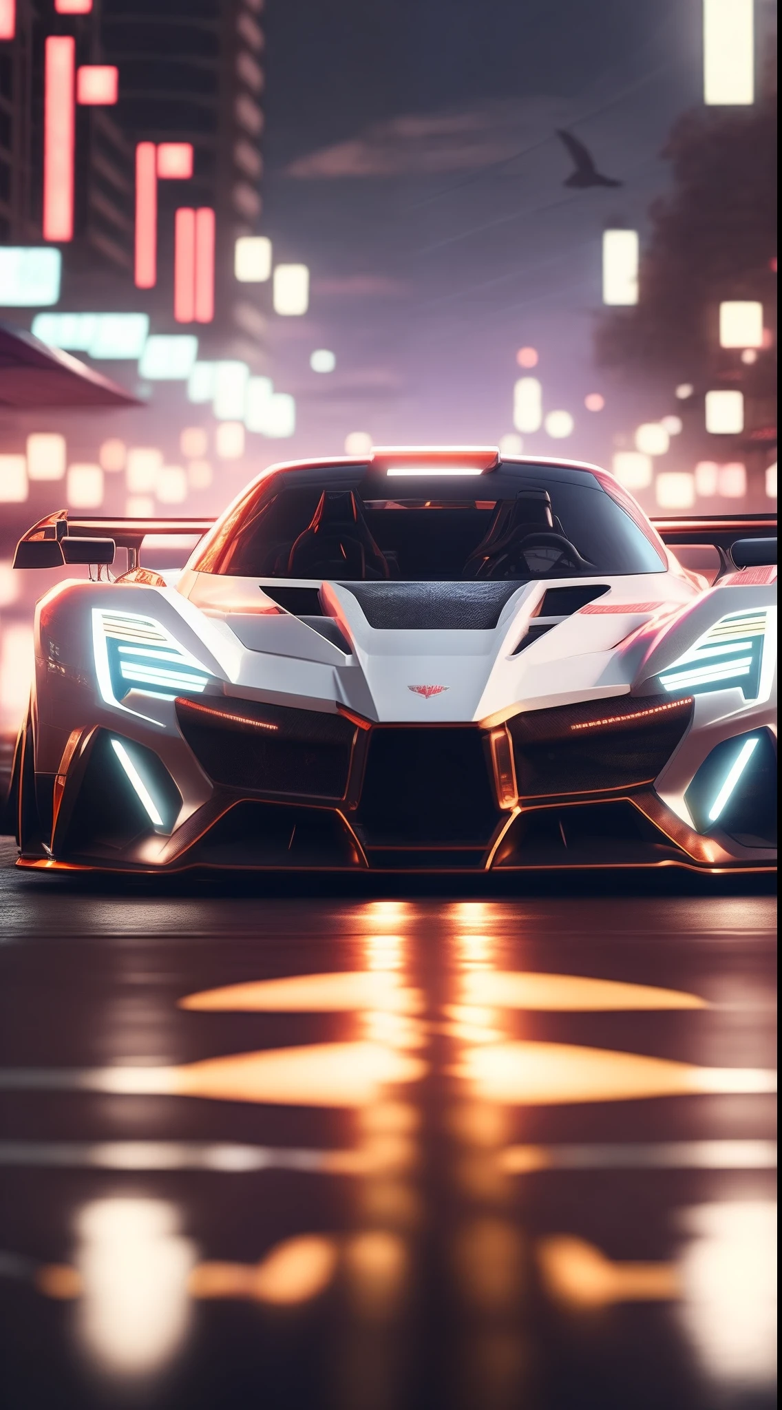 arafed wide body white sports car driving on a city street at night, front view, head on view glowing ember headlights, aggressive front end, no emblems, no emblem on grill, hq 4k phone wallpaper, hq 4k wallpaper, 8k stunning artwork, wallpaper 4k, wallpaper 4 k, 4 k render, 4k render, cinematic 4k wallpaper, cinematic 4 k wallpaper, cinematic front shot, wallpaper mobile, extreme render, 8k render, 8 k render, shallow depth of field, micro-details, photorealism, photorealistic,