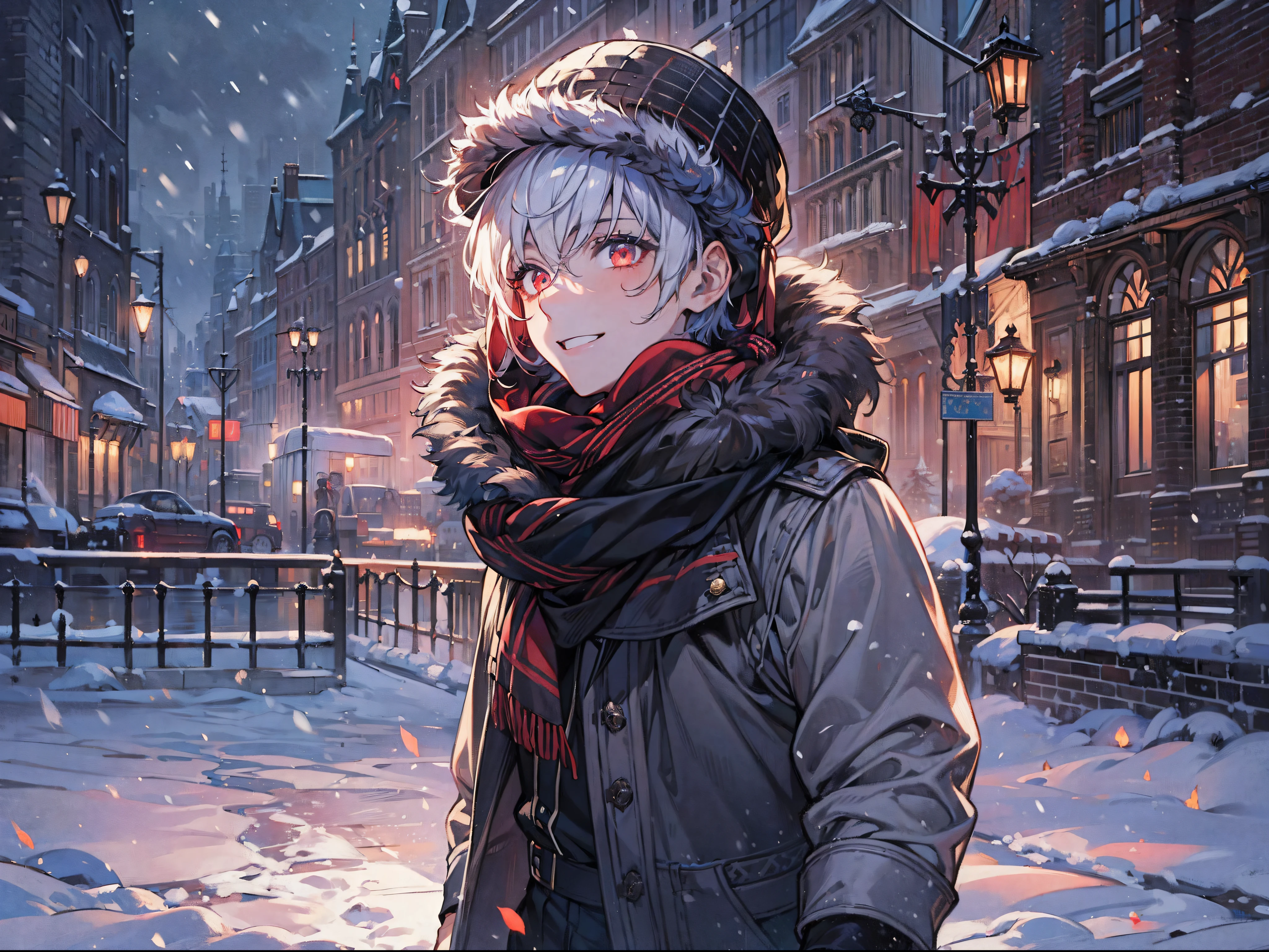 ((masterpiece)),(((best quality))), (high-quality, breathtaking),(expressive eyes, perfect face), a short young boy, short white hair, red eyes, smiling, black winter outfit, wear short shorts, hat, scarf, stocking, shine, glow, snow, city, close up, portrait