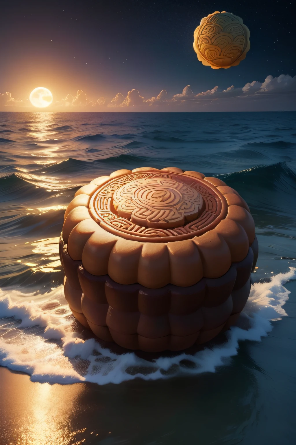 There is a huge mooncake on the sea